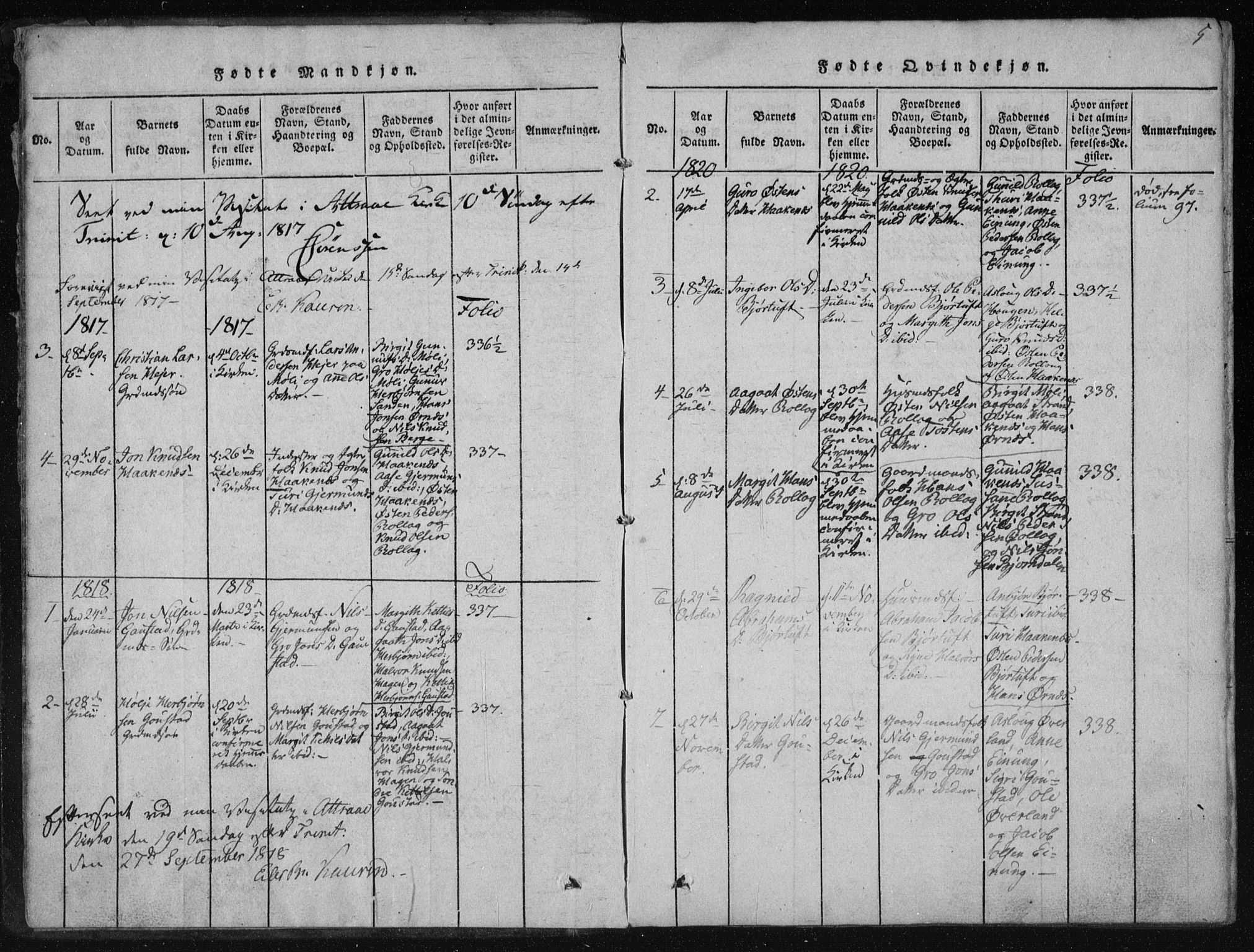 Tinn kirkebøker, SAKO/A-308/F/Fb/L0001: Parish register (official) no. II 1, 1815-1843, p. 5