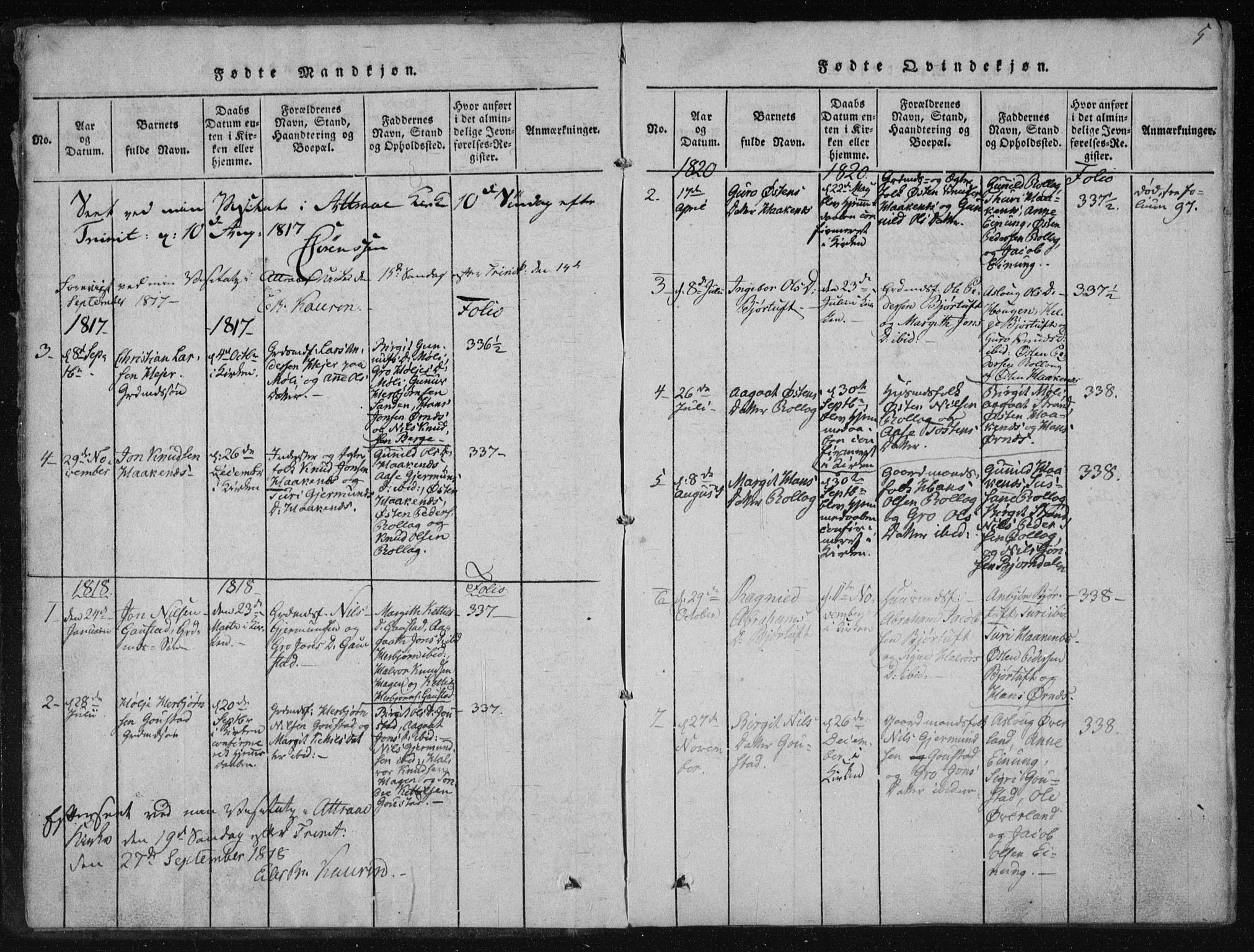 Tinn kirkebøker, AV/SAKO-A-308/F/Fb/L0001: Parish register (official) no. II 1, 1815-1843, p. 5