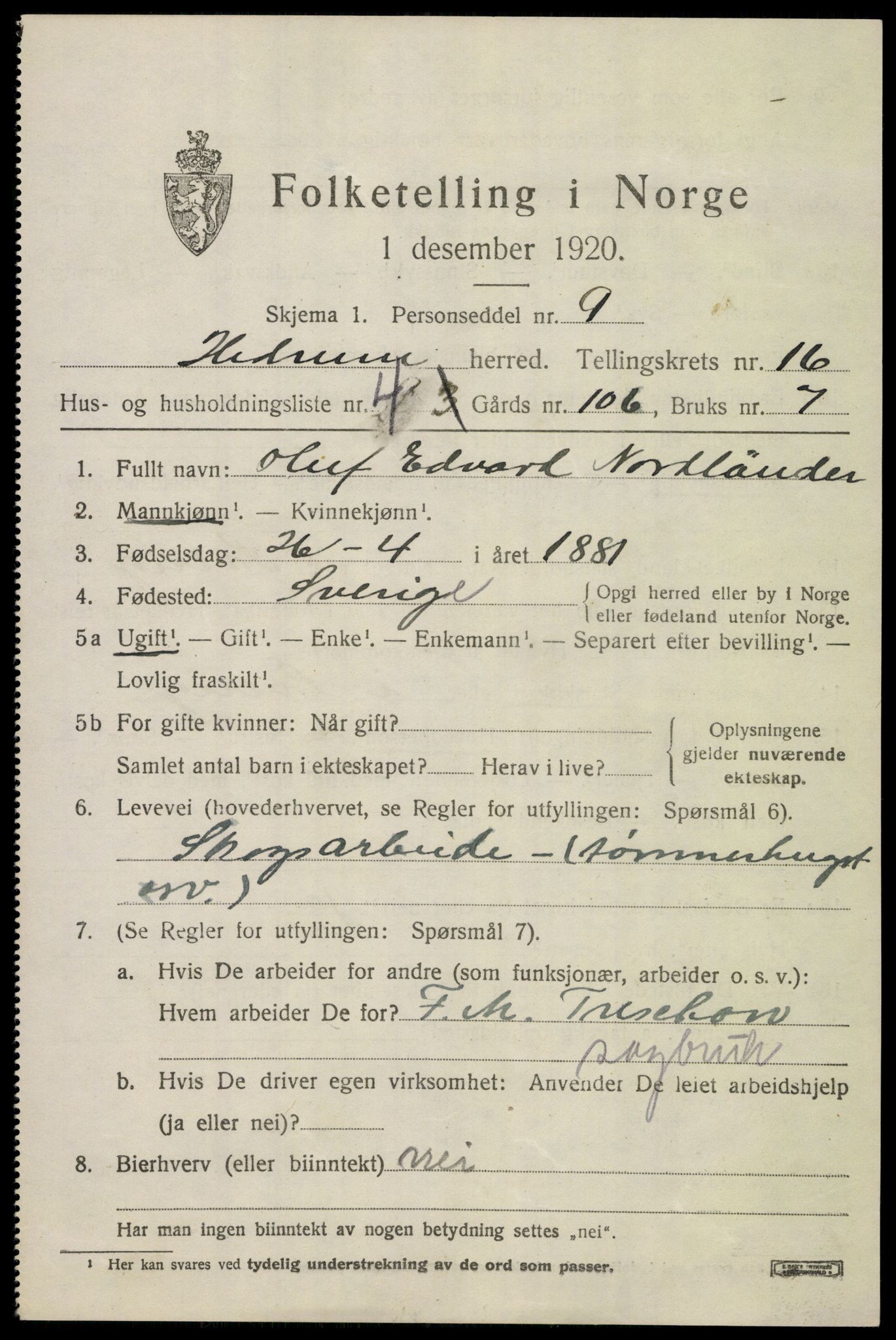 SAKO, 1920 census for Hedrum, 1920, p. 10289