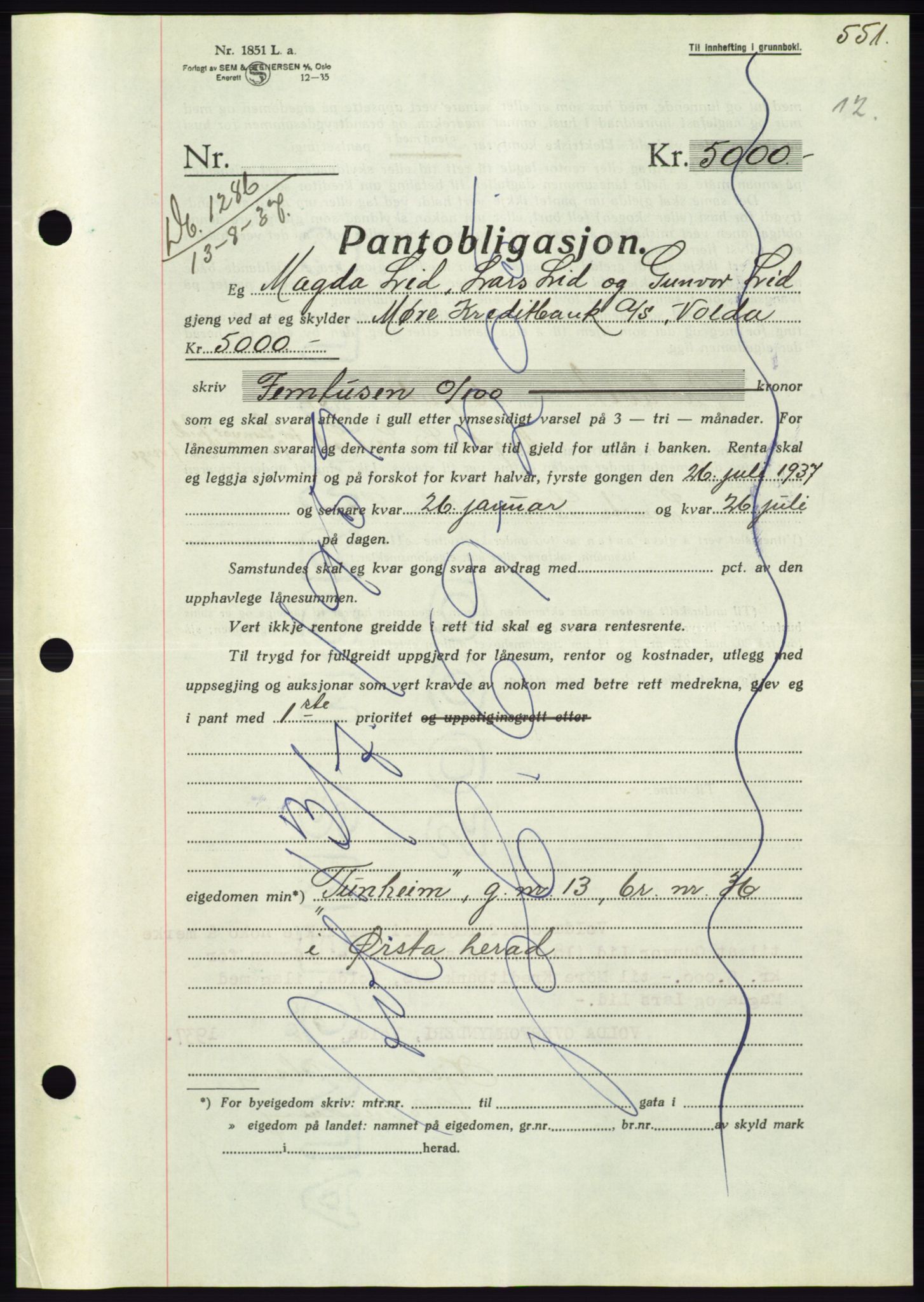 Søre Sunnmøre sorenskriveri, AV/SAT-A-4122/1/2/2C/L0063: Mortgage book no. 57, 1937-1937, Diary no: : 1286/1937