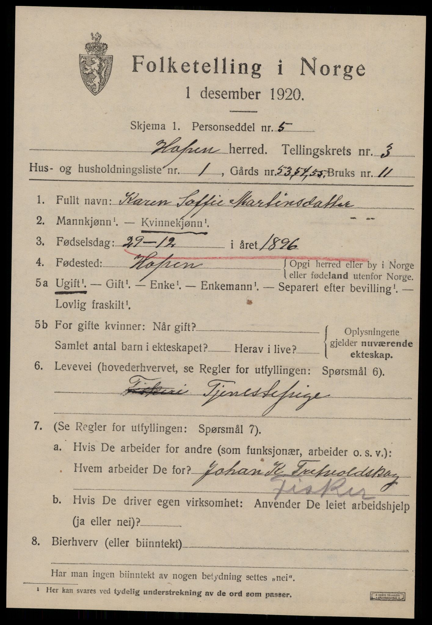 SAT, 1920 census for Hopen, 1920, p. 1506