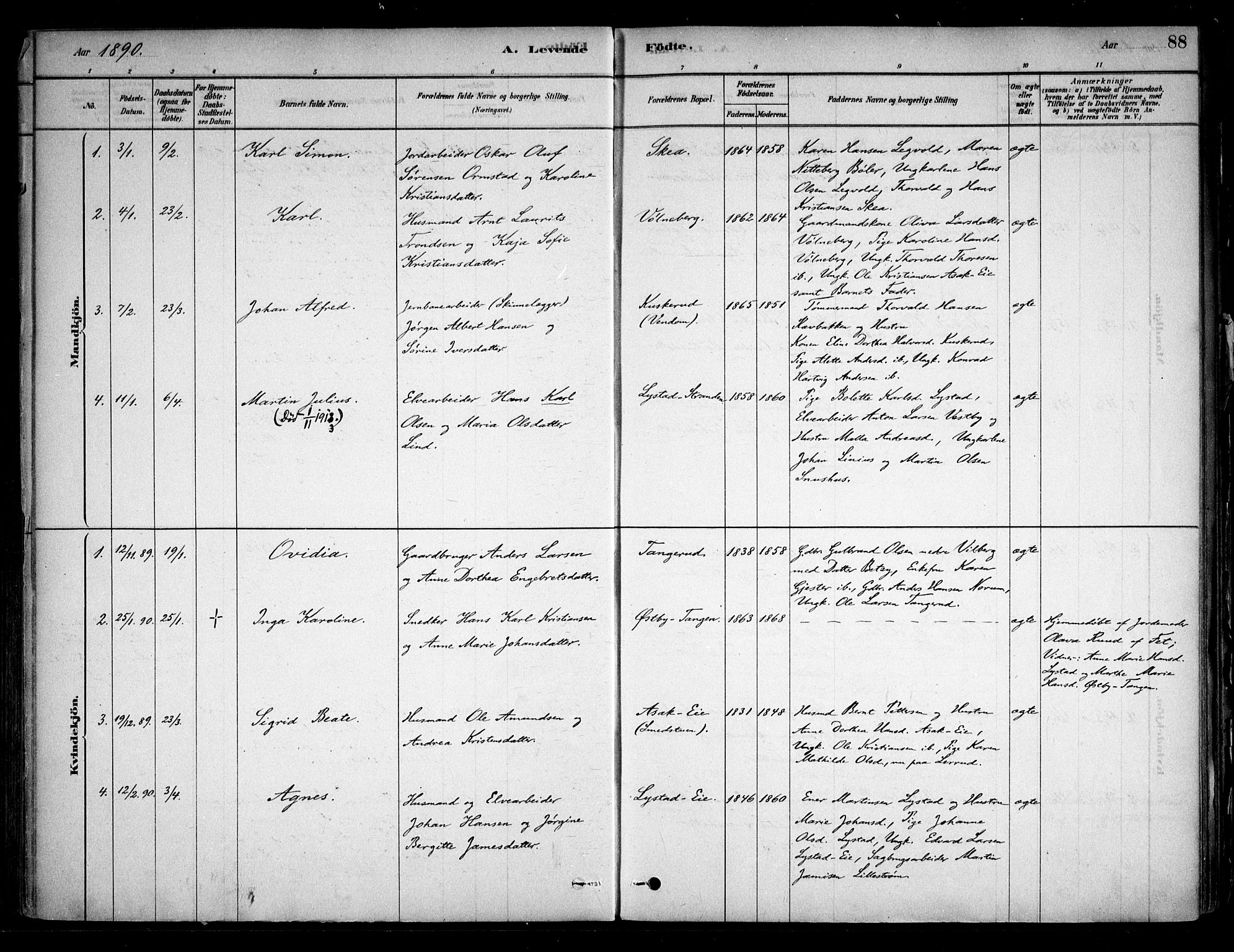 Sørum prestekontor Kirkebøker, AV/SAO-A-10303/F/Fa/L0007: Parish register (official) no. I 7, 1878-1914, p. 88