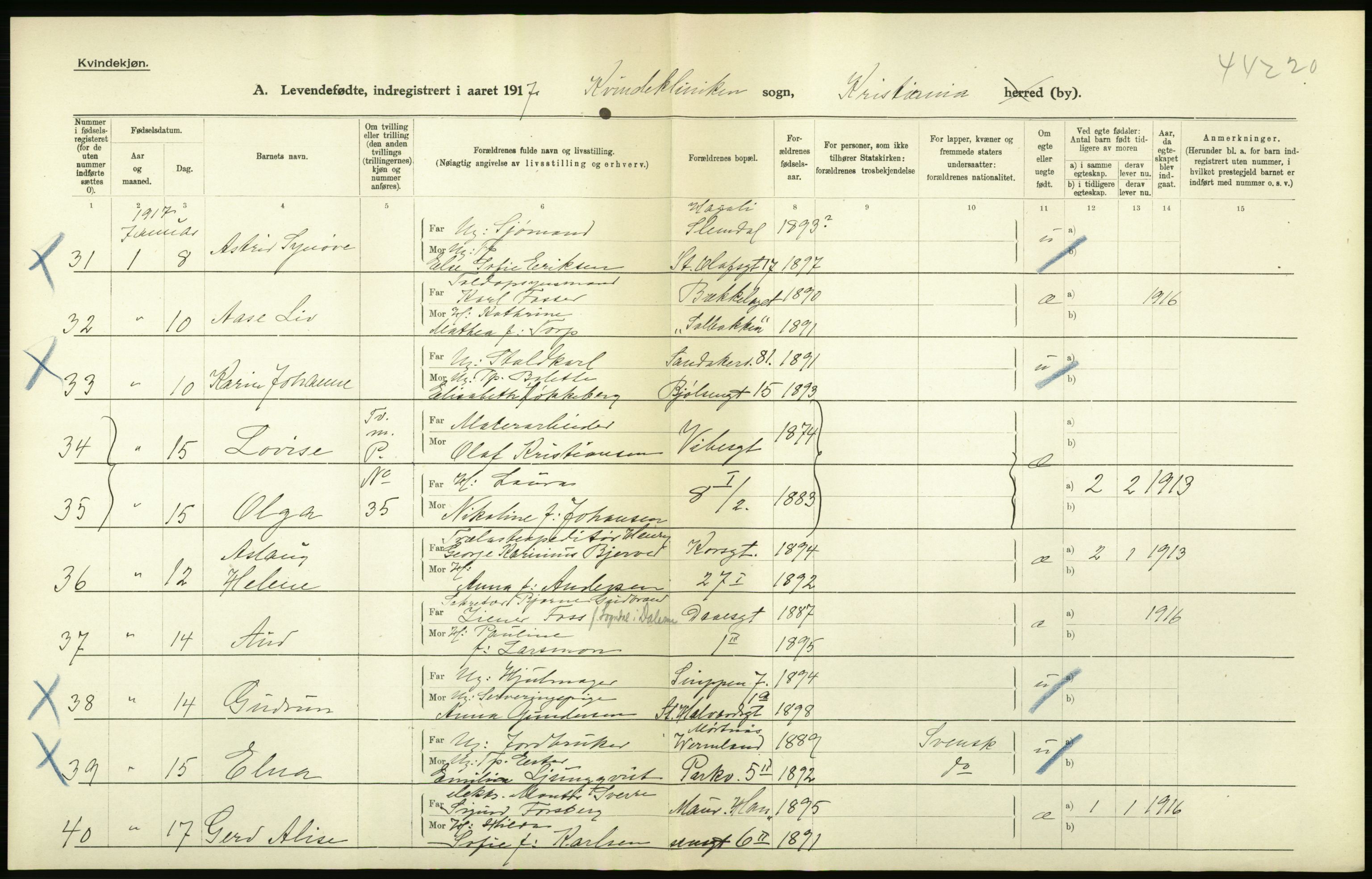 Statistisk sentralbyrå, Sosiodemografiske emner, Befolkning, RA/S-2228/D/Df/Dfb/Dfbg/L0007: Kristiania: Levendefødte menn og kvinner., 1917, p. 528