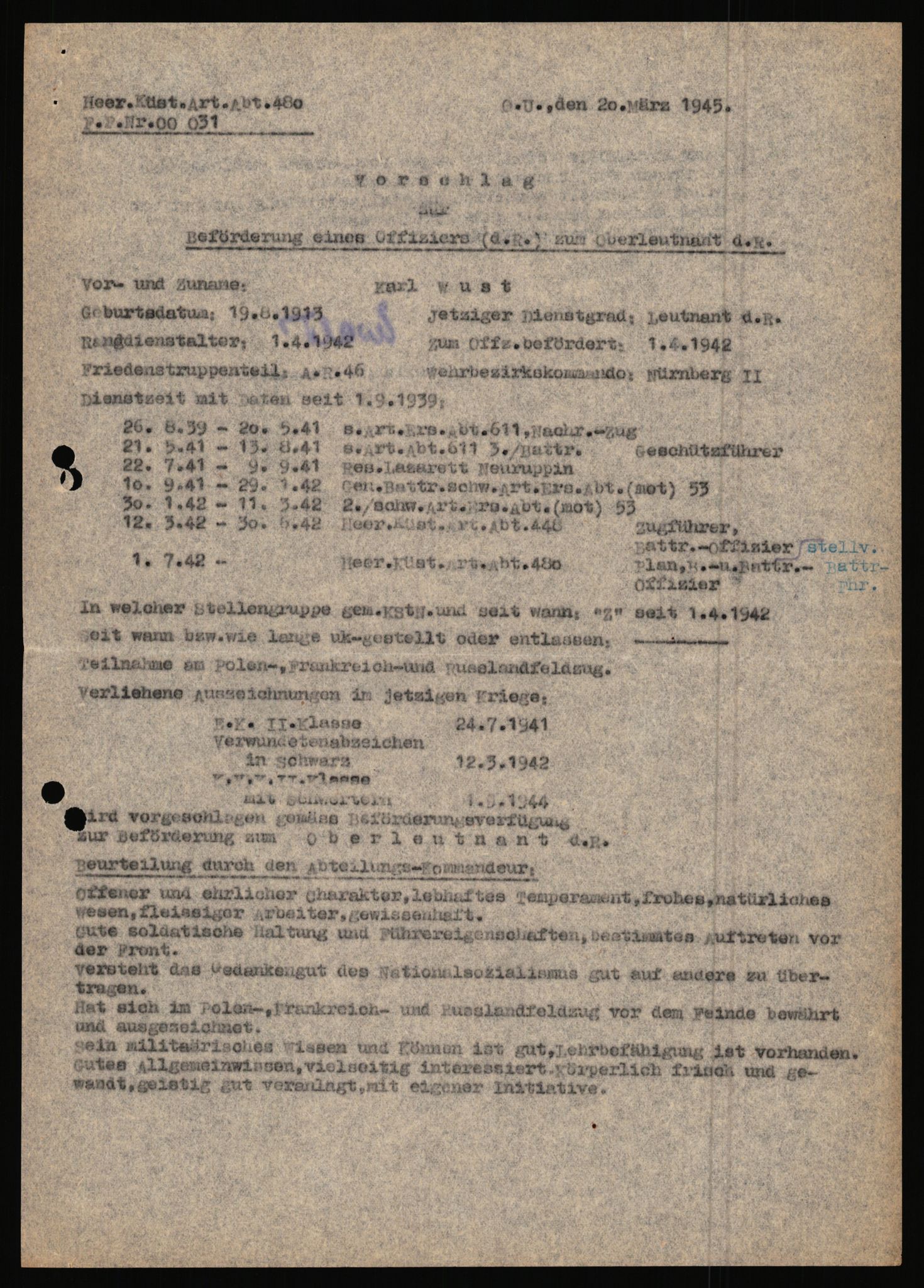 Forsvarets Overkommando. 2 kontor. Arkiv 11.4. Spredte tyske arkivsaker, AV/RA-RAFA-7031/D/Dar/Dara/L0019: Personalbøker og diverse, 1940-1945, p. 628