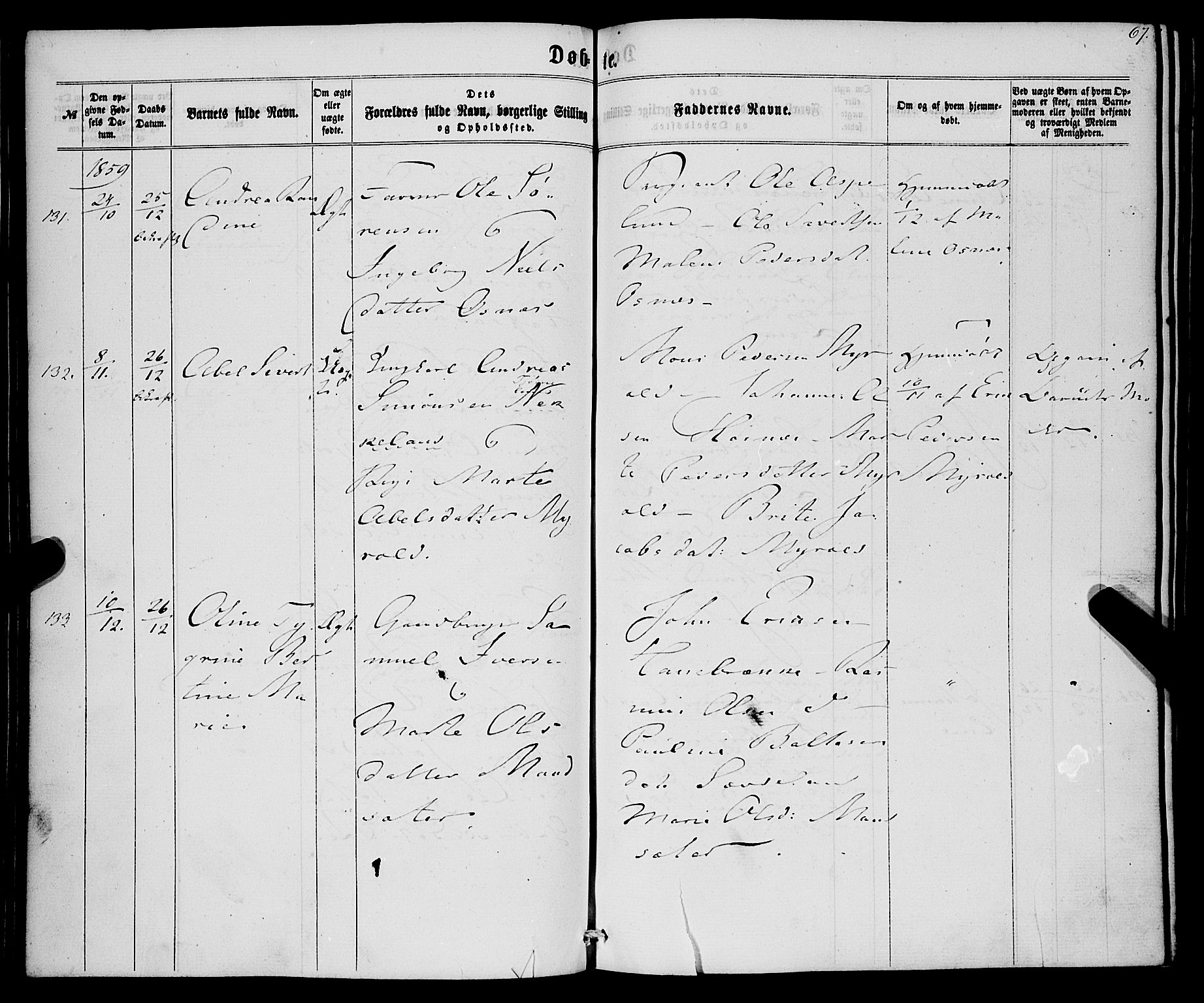 Eid sokneprestembete, AV/SAB-A-82301/H/Haa/Haaa/L0008: Parish register (official) no. A 8, 1858-1860, p. 67