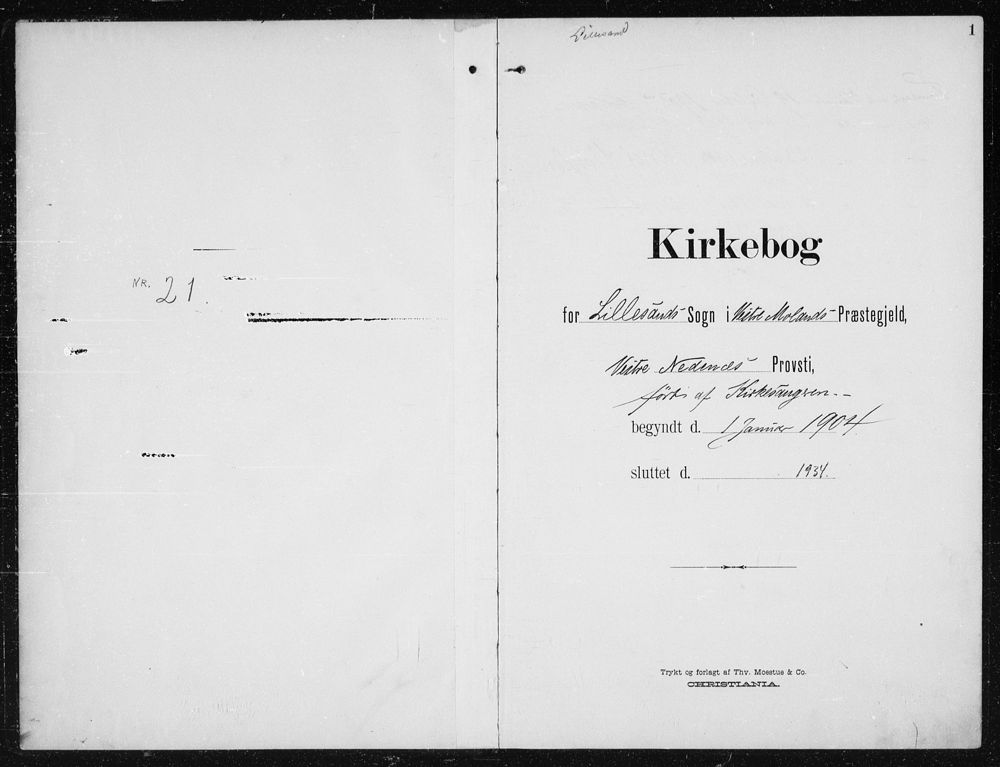 Vestre Moland sokneprestkontor, AV/SAK-1111-0046/F/Fb/Fba/L0002: Parish register (copy) no. B 2, 1904-1934, p. 1