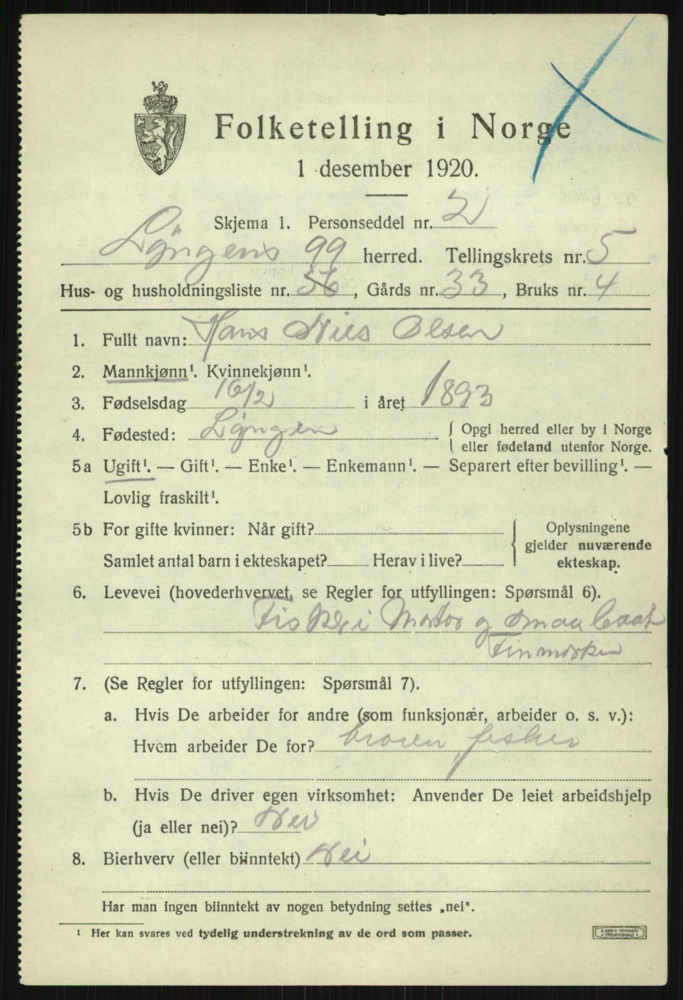 SATØ, 1920 census for Lyngen, 1920, p. 6588