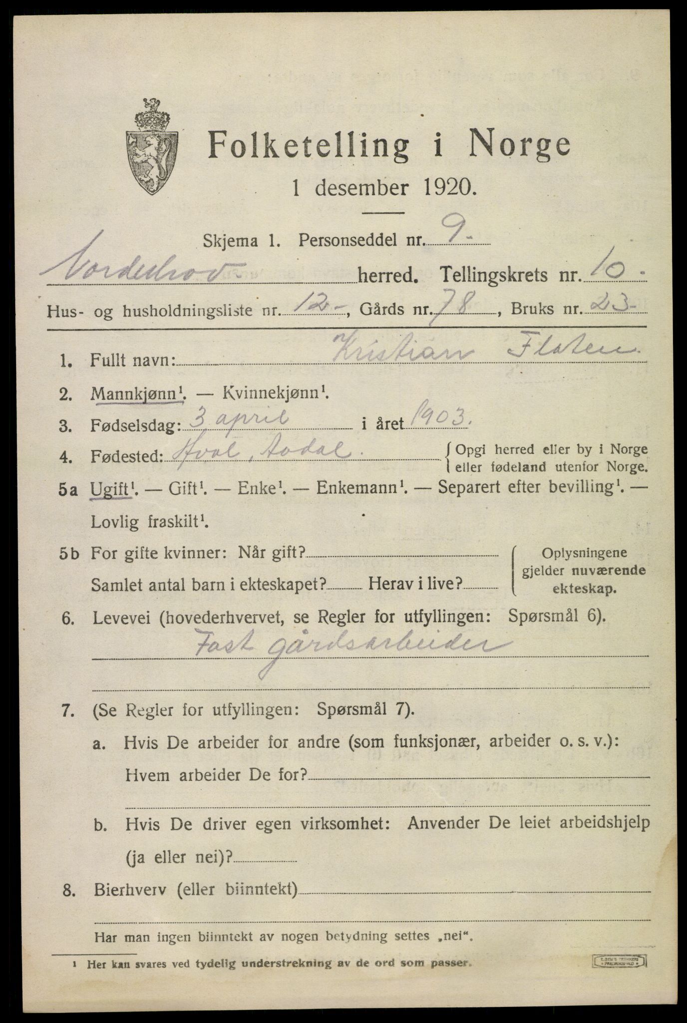 SAKO, 1920 census for Norderhov, 1920, p. 12170