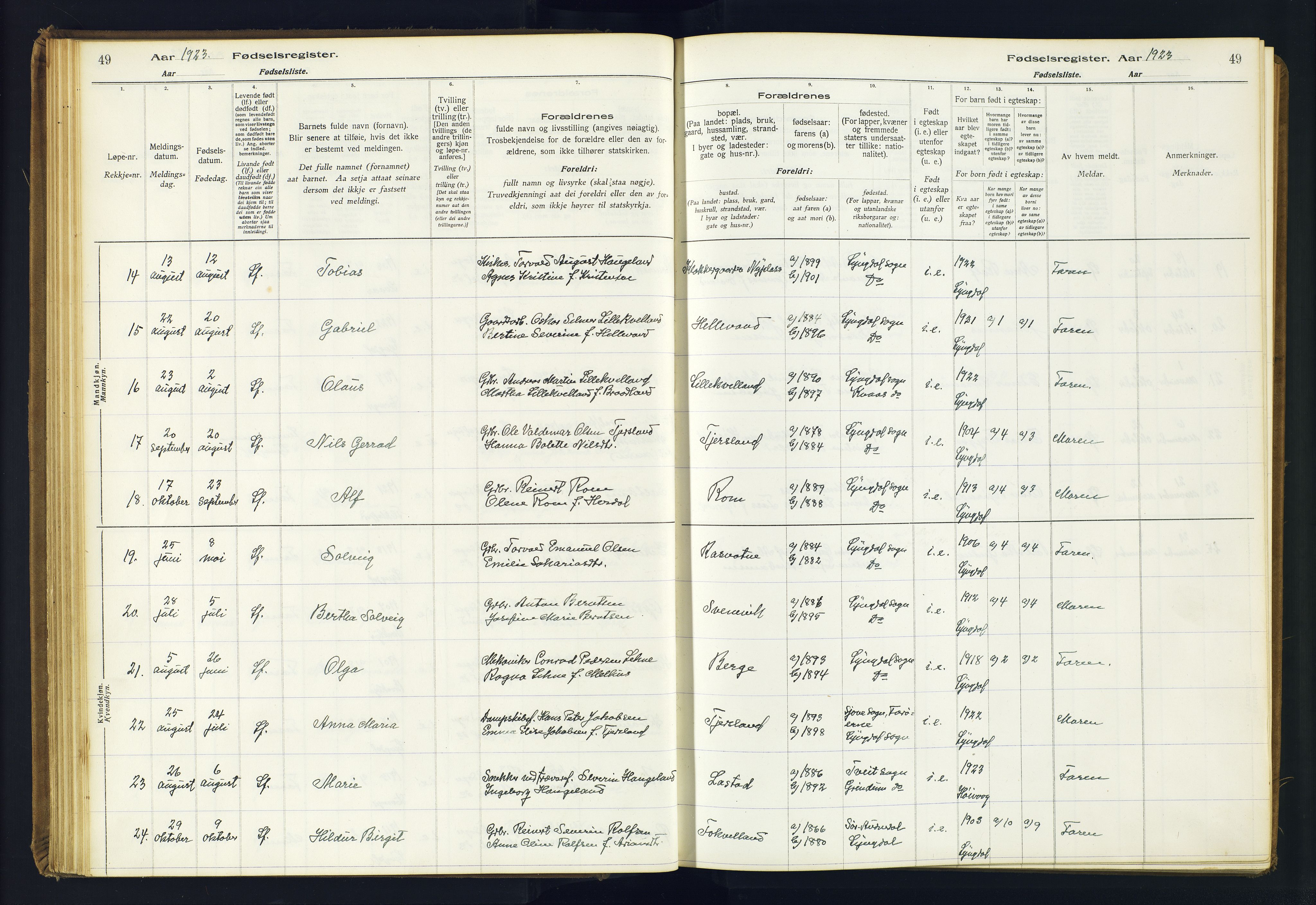 Lyngdal sokneprestkontor, AV/SAK-1111-0029/J/Ja/L0001: Birth register no. A-VI-26, 1916-1951, p. 49