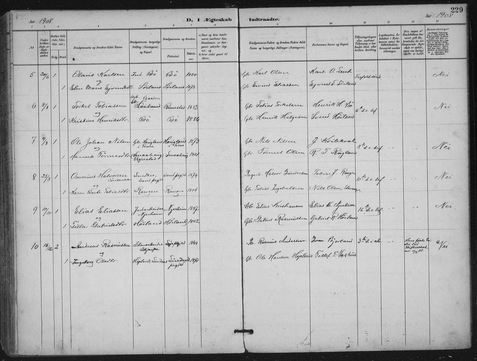 Hå sokneprestkontor, AV/SAST-A-101801/002/B/L0001: Parish register (official) no. A 11, 1897-1924, p. 229