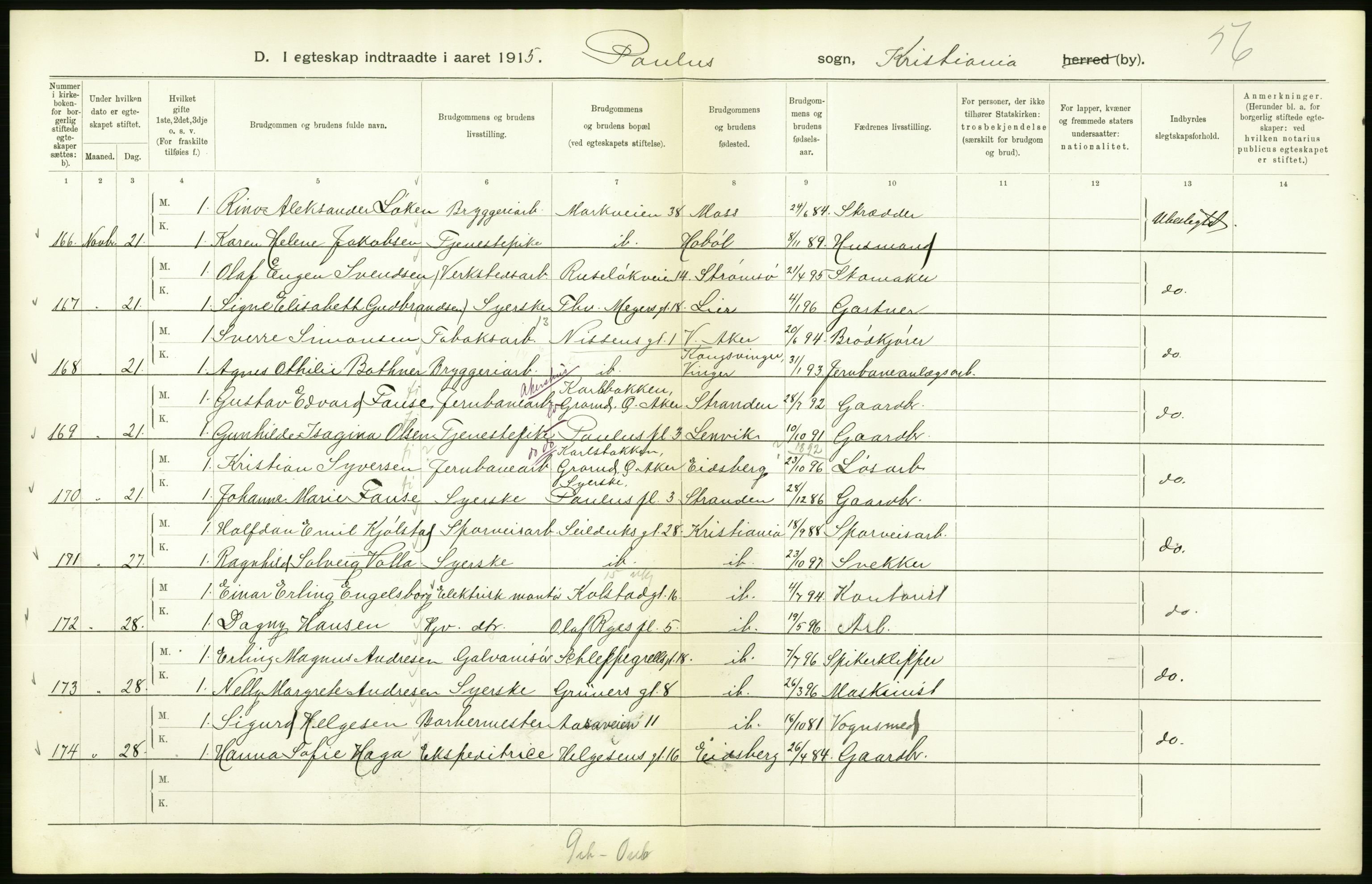 Statistisk sentralbyrå, Sosiodemografiske emner, Befolkning, AV/RA-S-2228/D/Df/Dfb/Dfbe/L0008: Kristiania: Gifte., 1915, p. 514