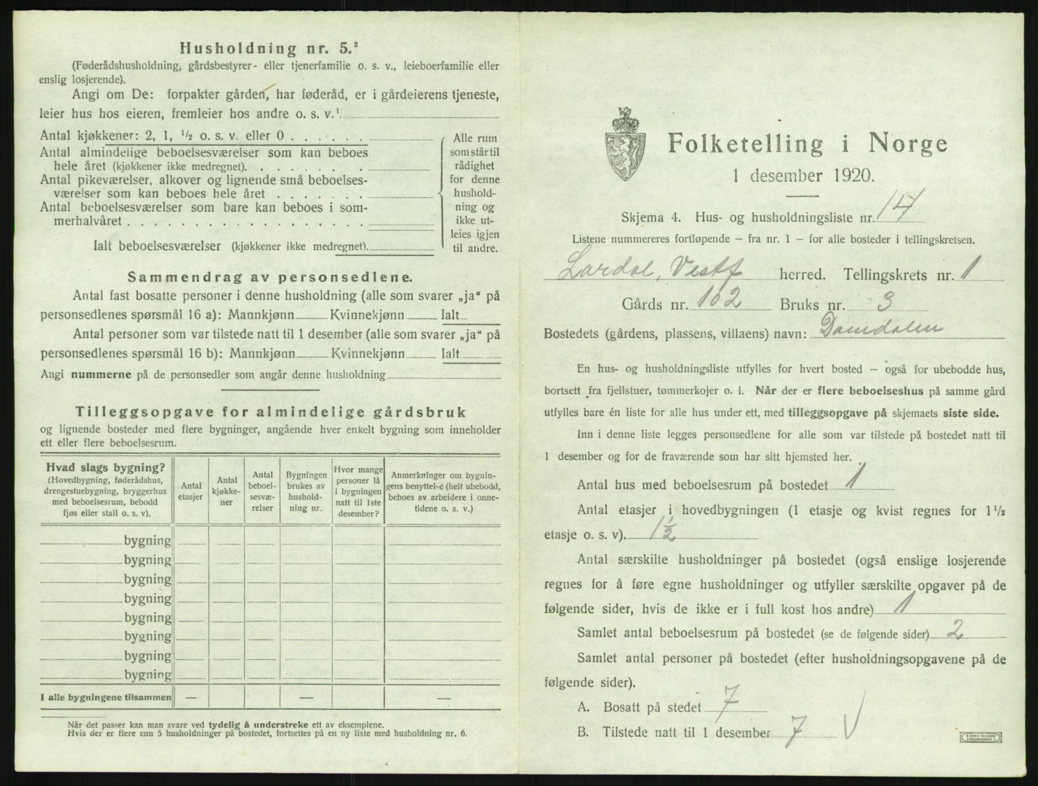 SAKO, 1920 census for Lardal, 1920, p. 65