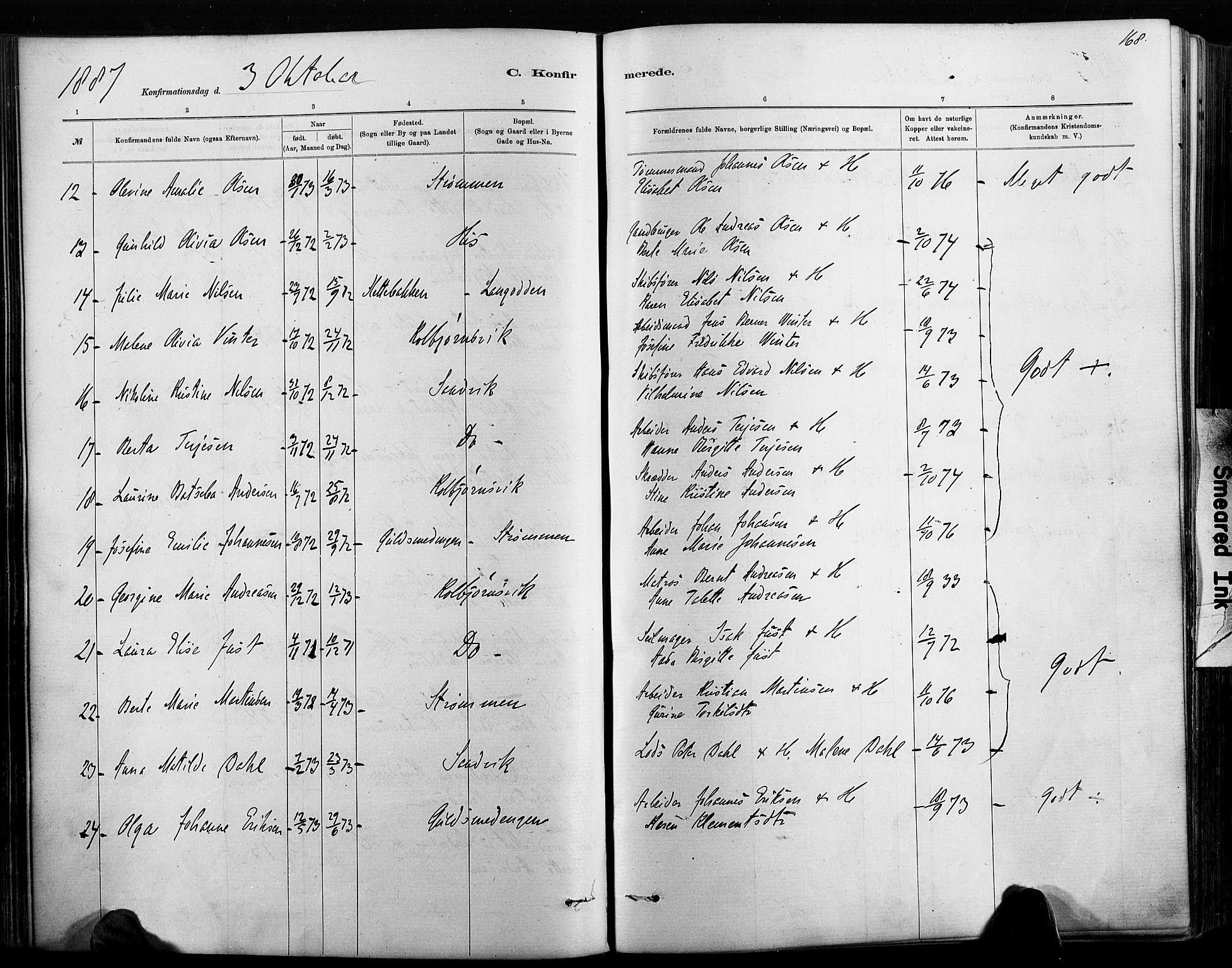 Hisøy sokneprestkontor, SAK/1111-0020/F/Fa/L0003: Parish register (official) no. A 3, 1881-1894, p. 168