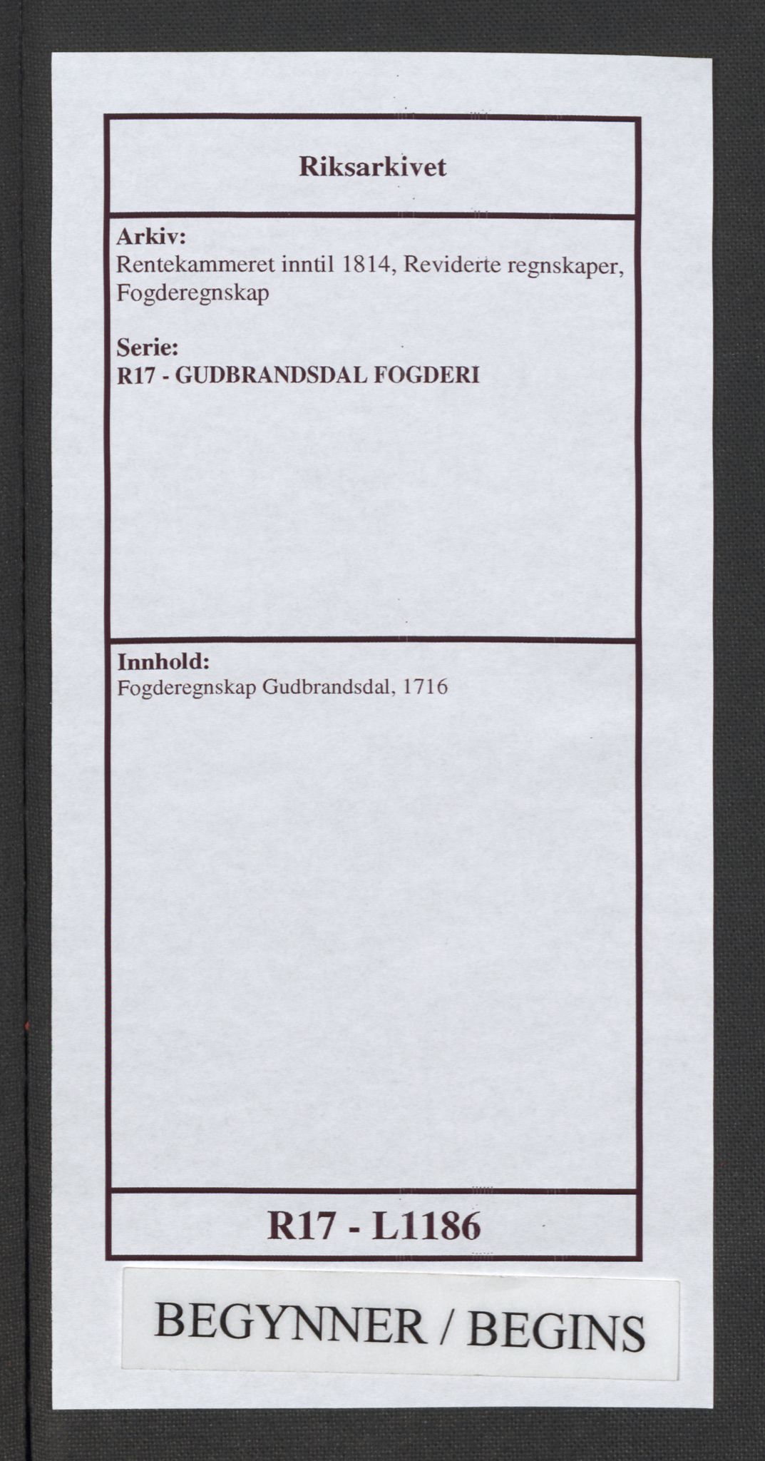 Rentekammeret inntil 1814, Reviderte regnskaper, Fogderegnskap, RA/EA-4092/R17/L1186: Fogderegnskap Gudbrandsdal, 1716, p. 1