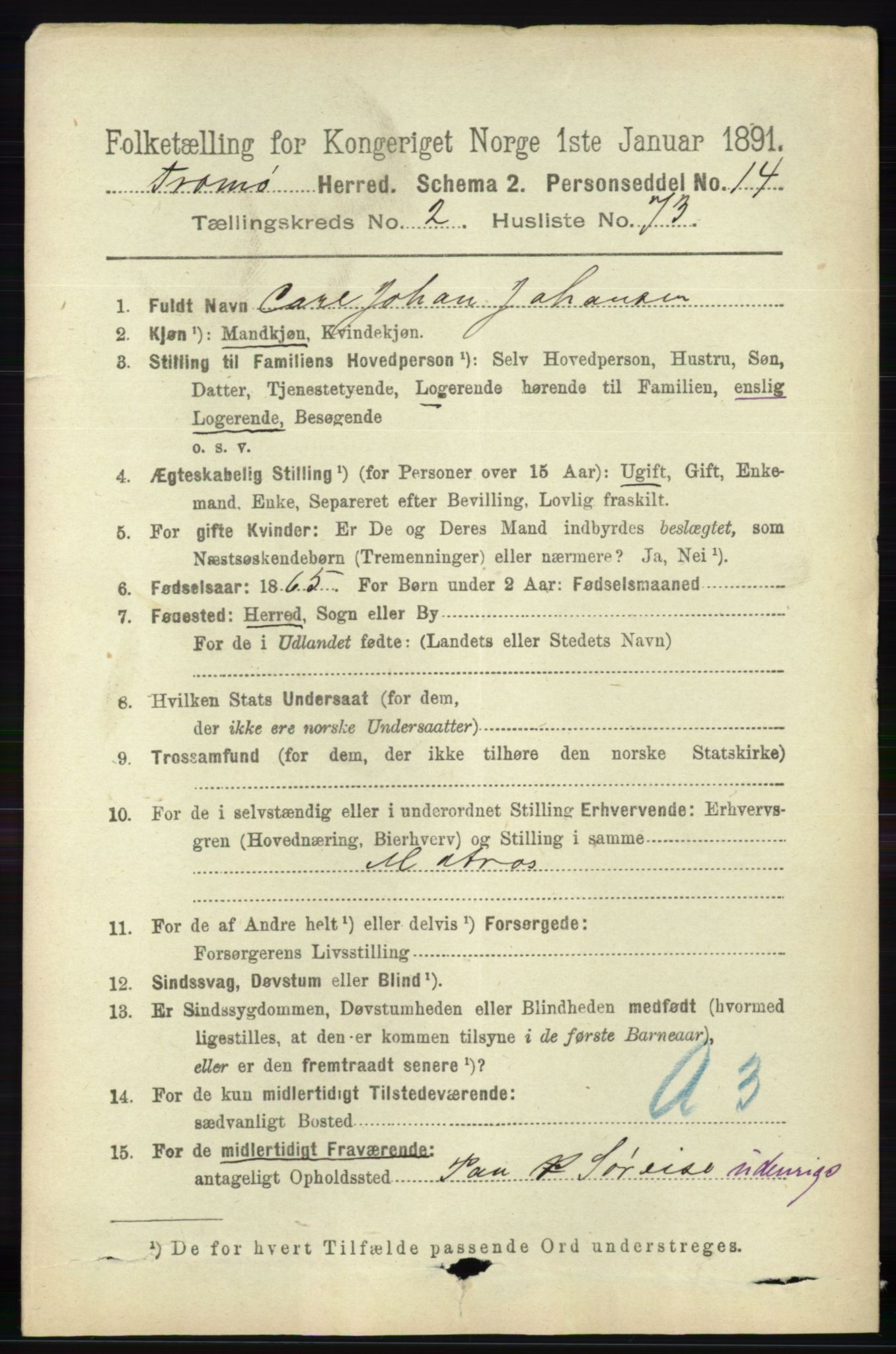 RA, 1891 census for 0921 Tromøy, 1891, p. 888