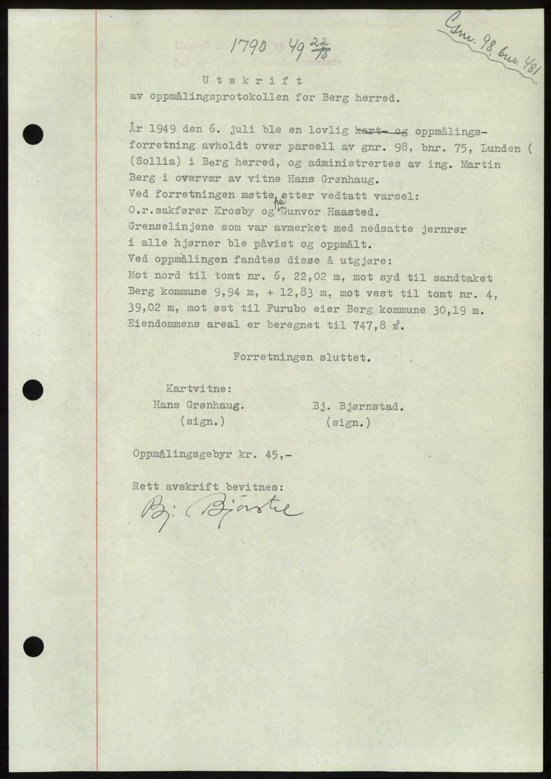 Idd og Marker sorenskriveri, AV/SAO-A-10283/G/Gb/Gbb/L0013: Mortgage book no. A13, 1949-1950, Diary no: : 1790/1949