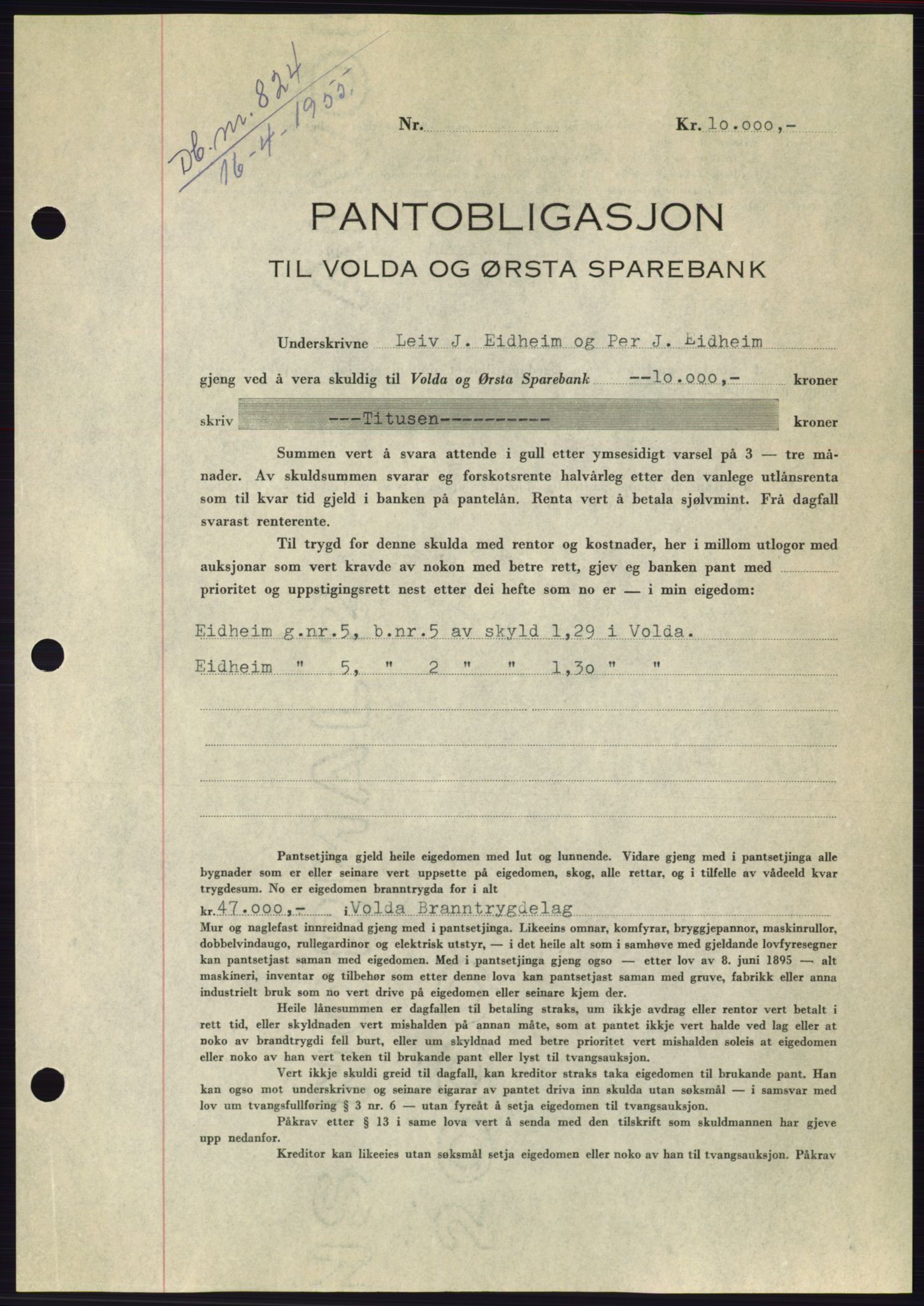 Søre Sunnmøre sorenskriveri, AV/SAT-A-4122/1/2/2C/L0126: Mortgage book no. 14B, 1954-1955, Diary no: : 824/1955