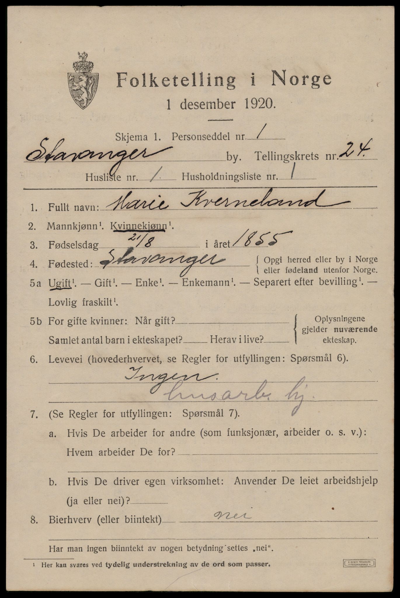 SAST, 1920 census for Stavanger, 1920, p. 76194