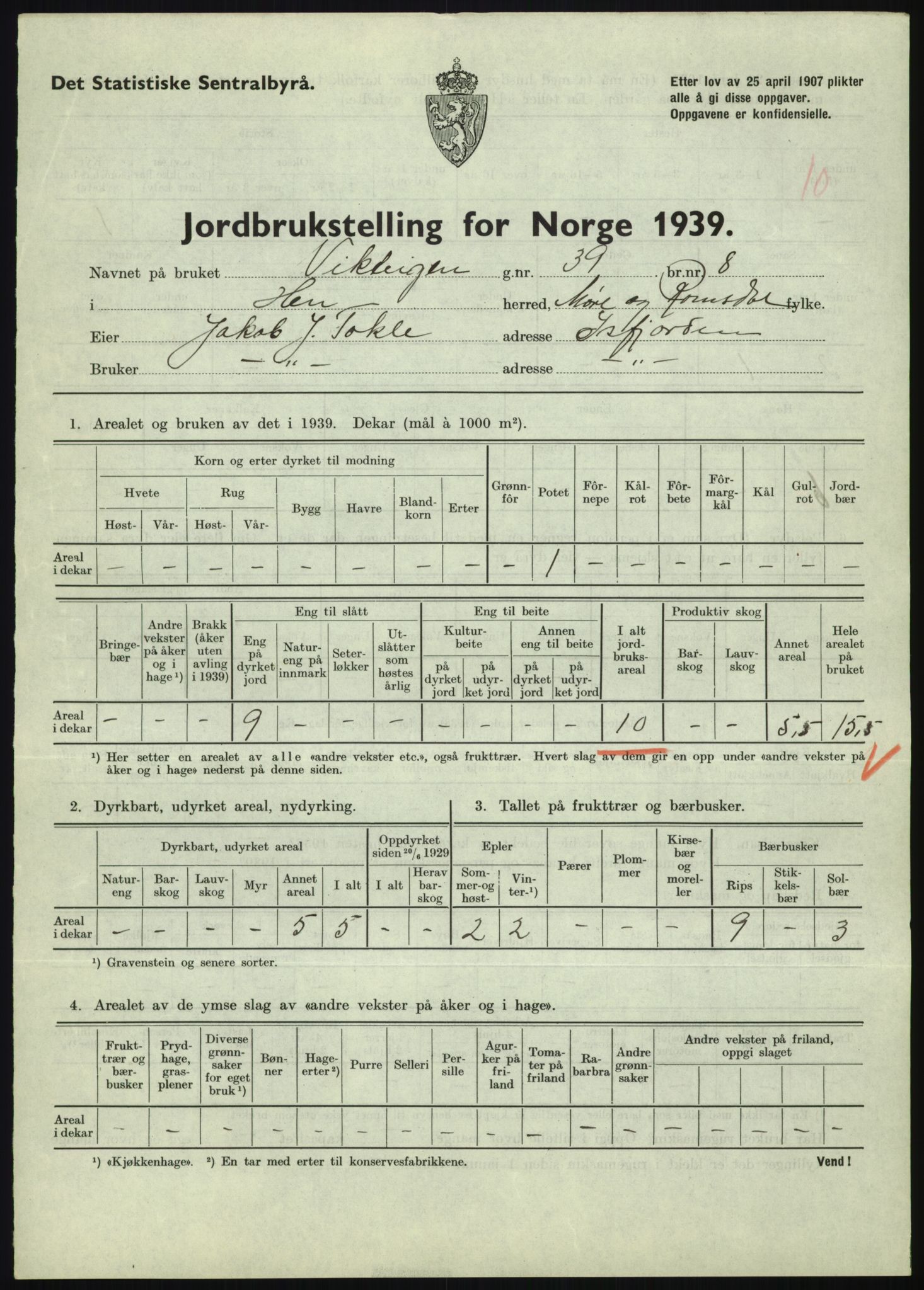 Statistisk sentralbyrå, Næringsøkonomiske emner, Jordbruk, skogbruk, jakt, fiske og fangst, AV/RA-S-2234/G/Gb/L0251: Møre og Romsdal: Voll, Eid, Grytten og Hen, 1939, p. 1107