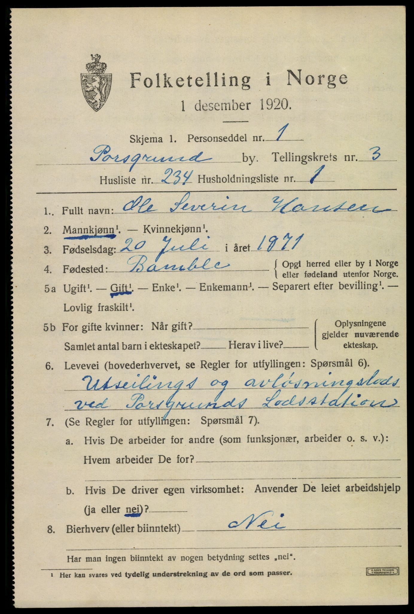 SAKO, 1920 census for Porsgrunn, 1920, p. 17385