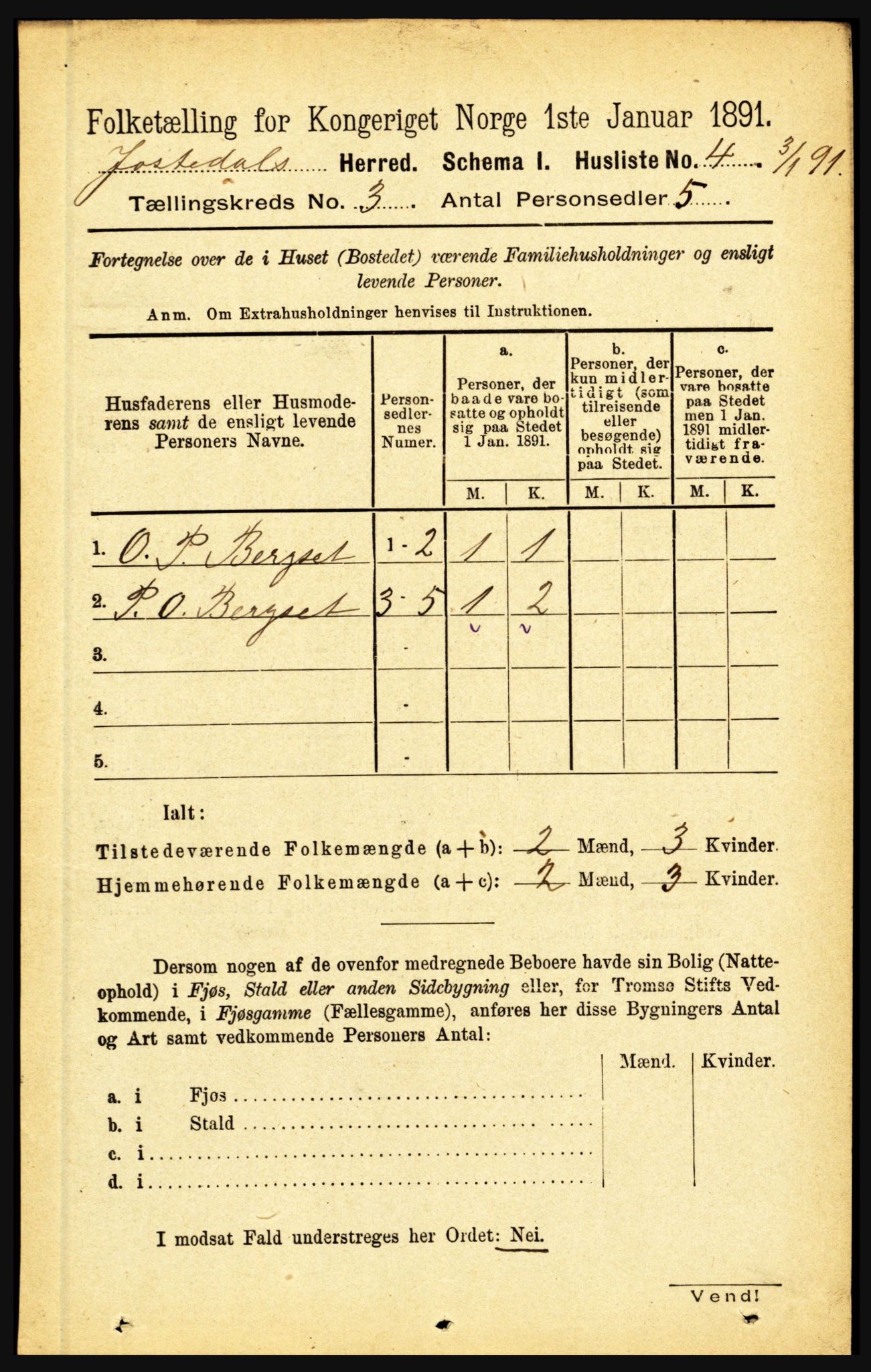 RA, 1891 census for 1427 Jostedal, 1891, p. 870