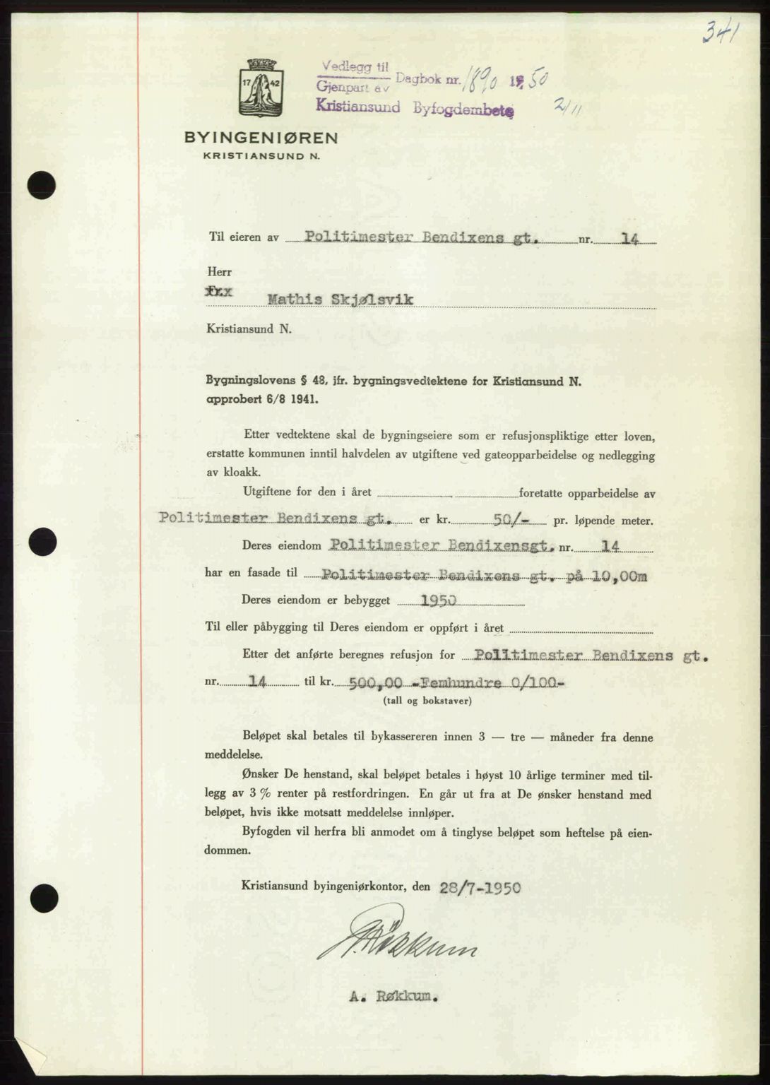 Kristiansund byfogd, AV/SAT-A-4587/A/27: Mortgage book no. 50, 1950-1950, Diary no: : 1890/1950