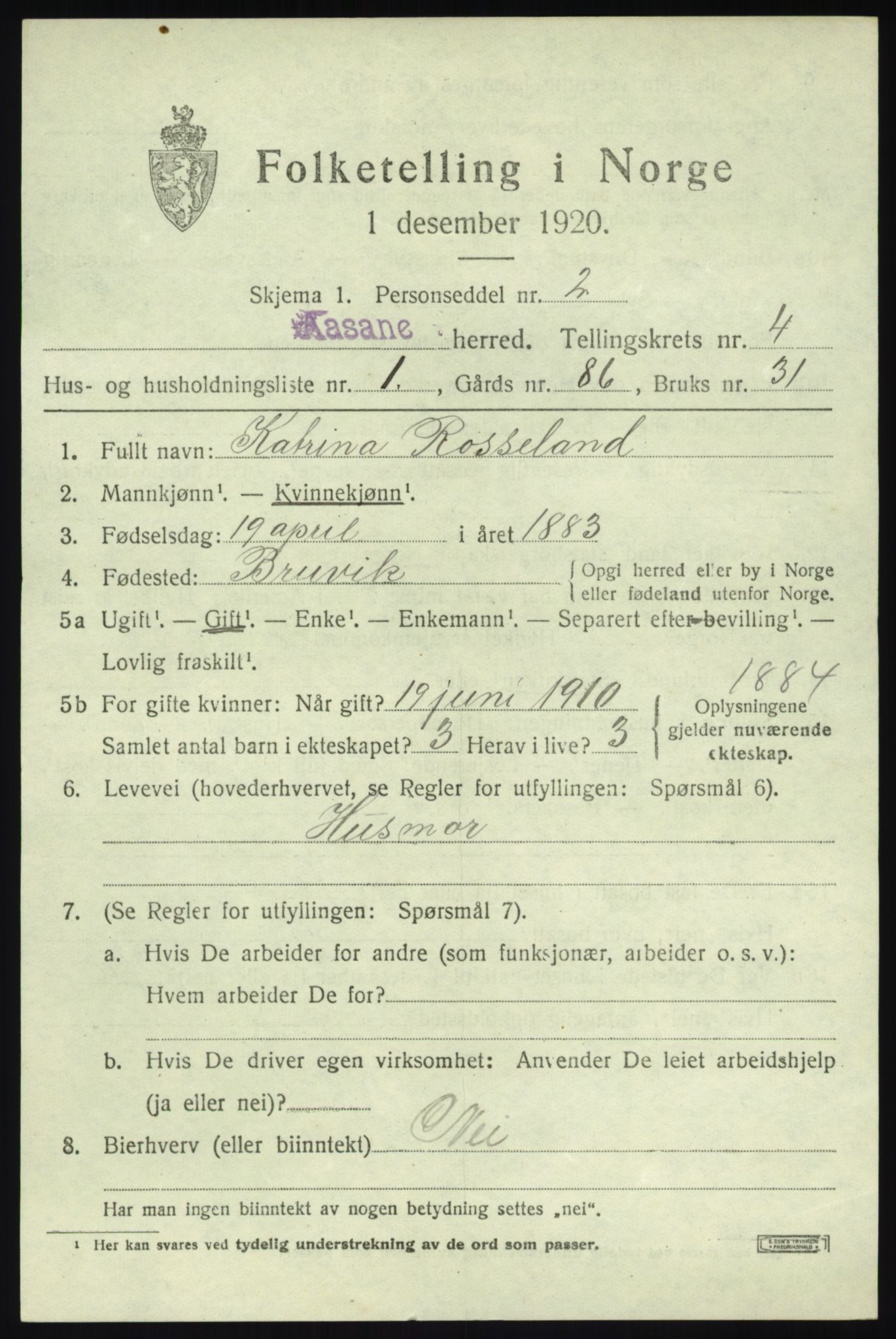 SAB, 1920 census for Åsane, 1920, p. 2445