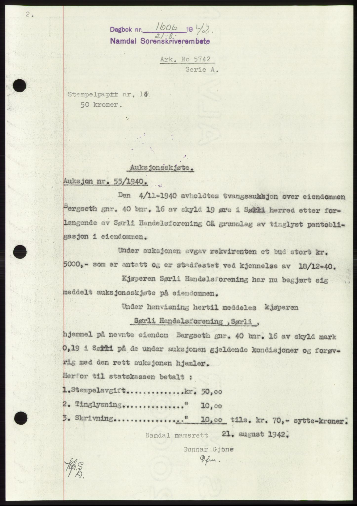 Namdal sorenskriveri, SAT/A-4133/1/2/2C: Mortgage book no. -, 1942-1943, Diary no: : 1606/1942