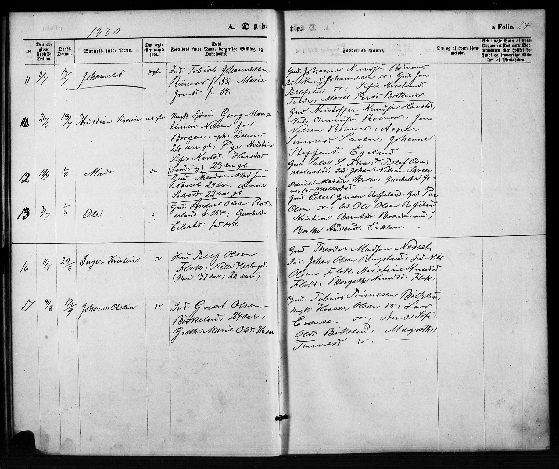 Birkenes sokneprestkontor, SAK/1111-0004/F/Fb/L0003: Parish register (copy) no. B 3, 1876-1892, p. 24
