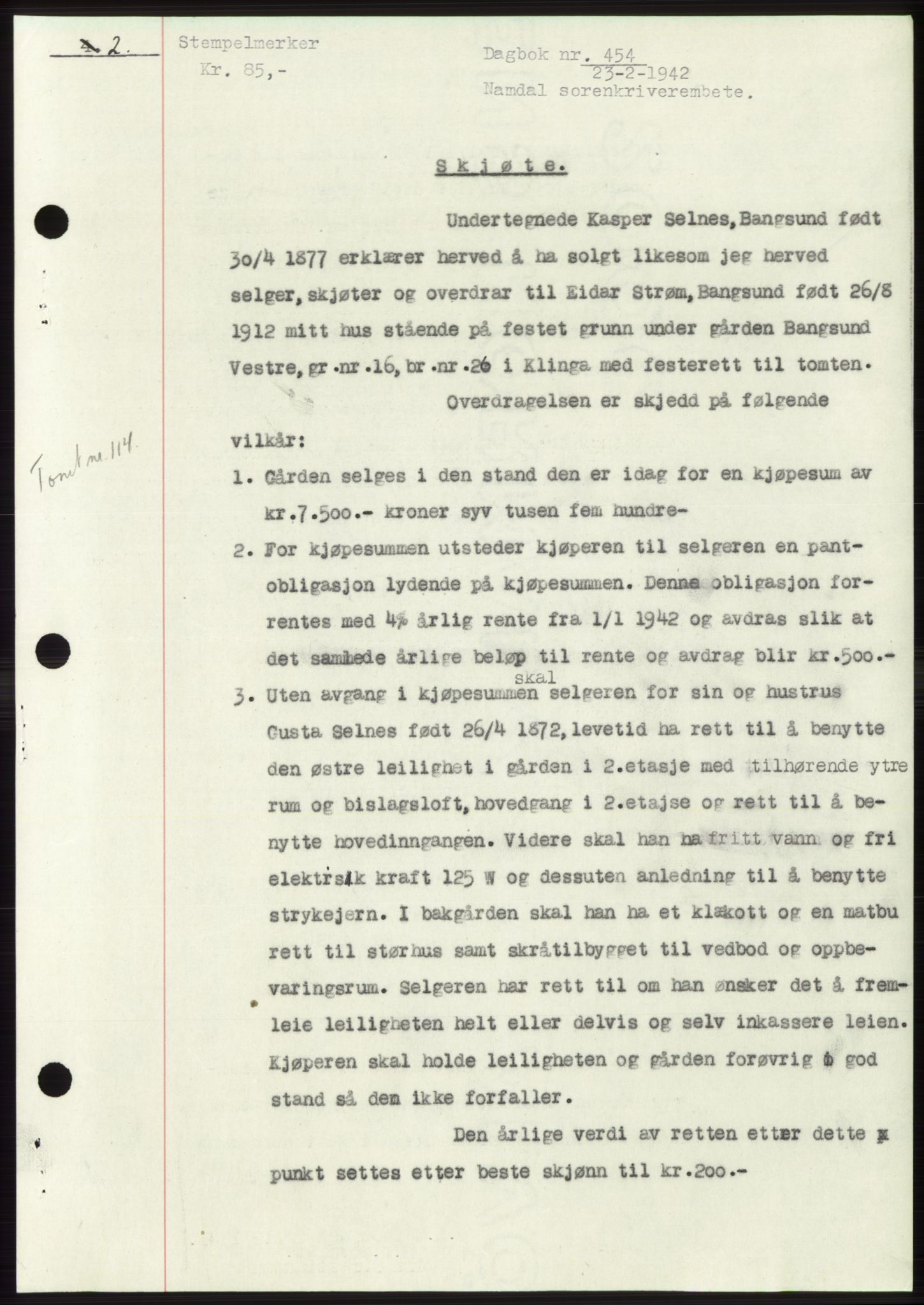 Namdal sorenskriveri, SAT/A-4133/1/2/2C: Mortgage book no. -, 1941-1942, Diary no: : 454/1942