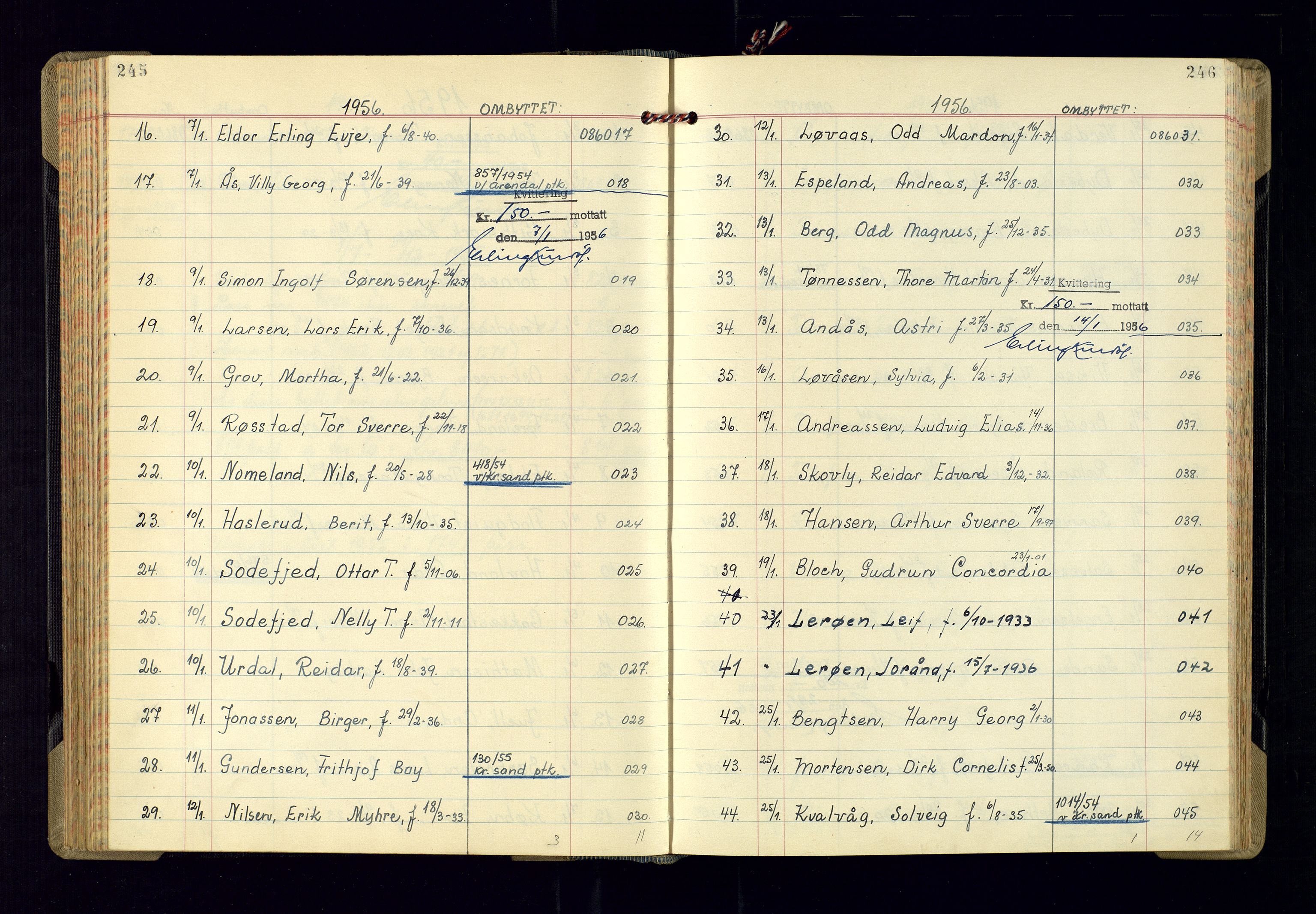 Kristiansand politikammer - 2, AV/SAK-1243-0009/K/Ka/Kaa/L0613: Passprotokoll, liste med løpenumre, 1954-1958, p. 245-246