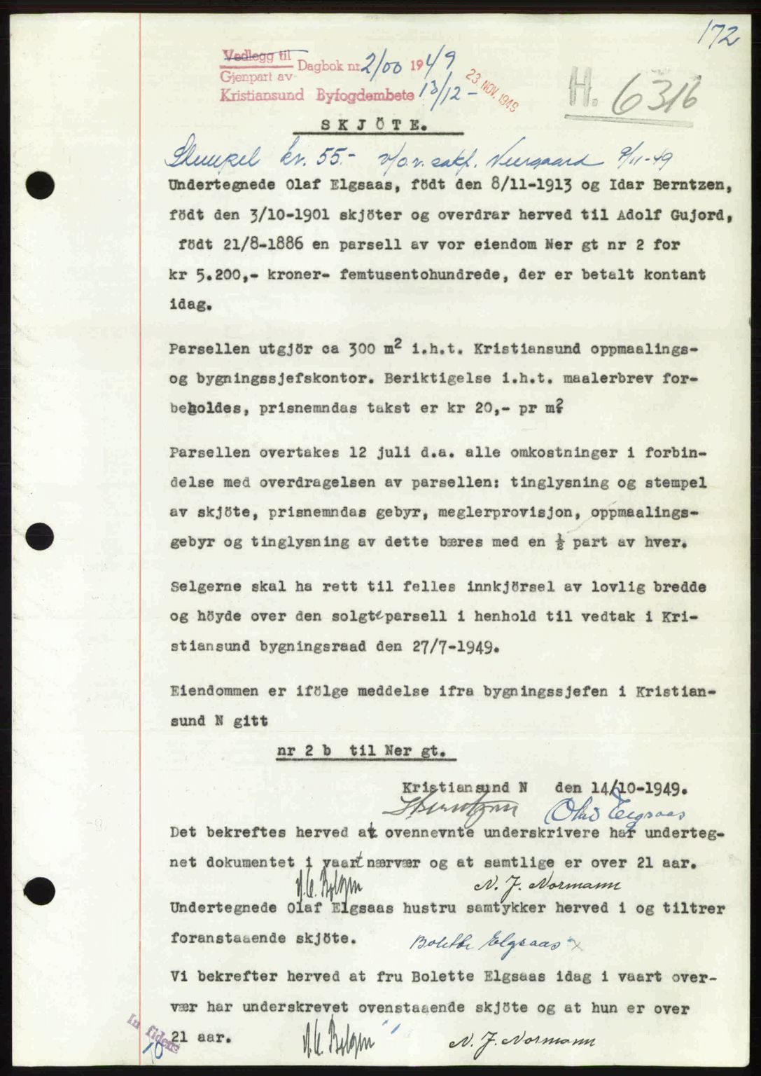 Kristiansund byfogd, AV/SAT-A-4587/A/27: Mortgage book no. 46, 1949-1950, Diary no: : 2100/1949