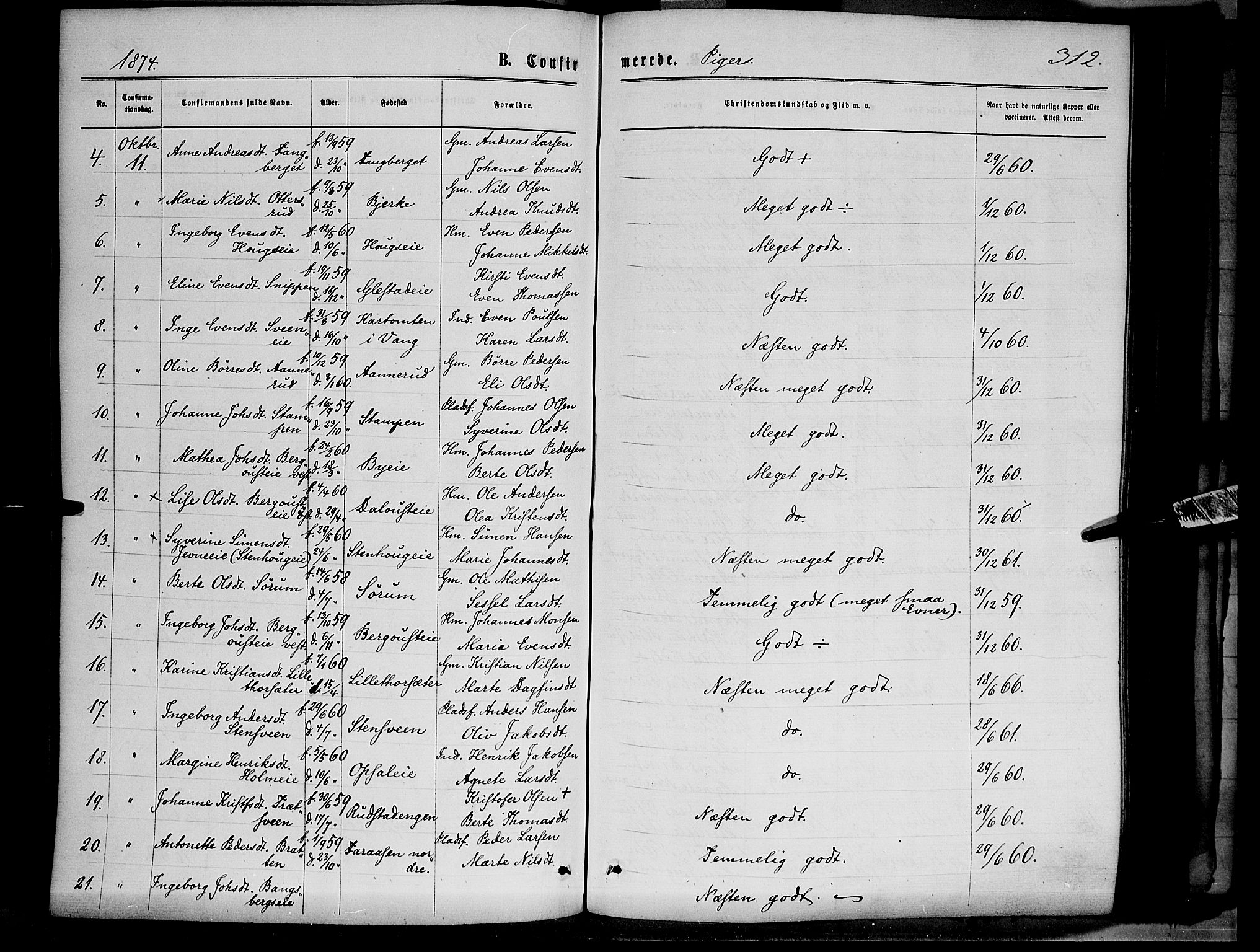 Ringsaker prestekontor, AV/SAH-PREST-014/K/Ka/L0011: Parish register (official) no. 11, 1870-1878, p. 312