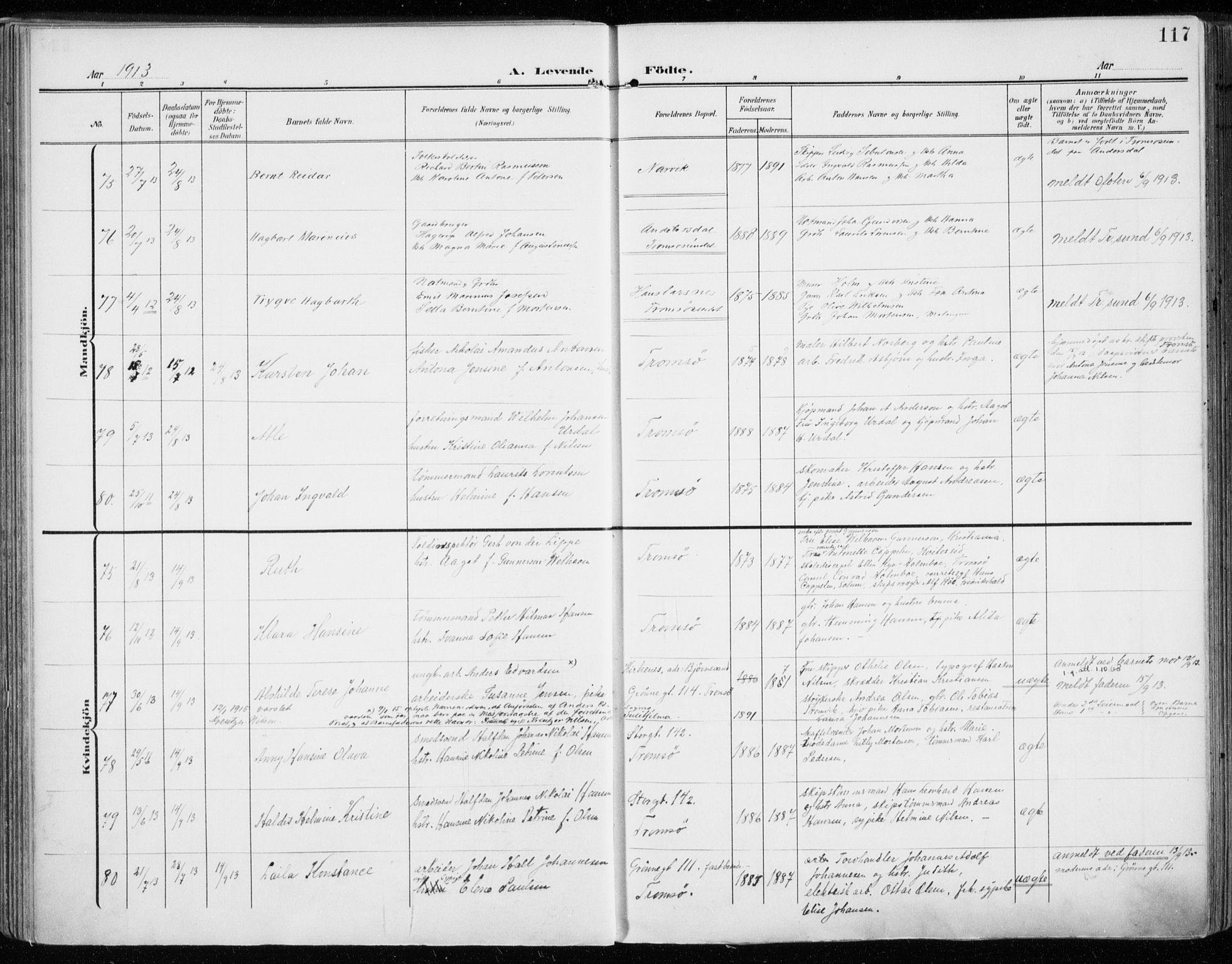 Tromsø sokneprestkontor/stiftsprosti/domprosti, AV/SATØ-S-1343/G/Ga/L0017kirke: Parish register (official) no. 17, 1907-1917, p. 117