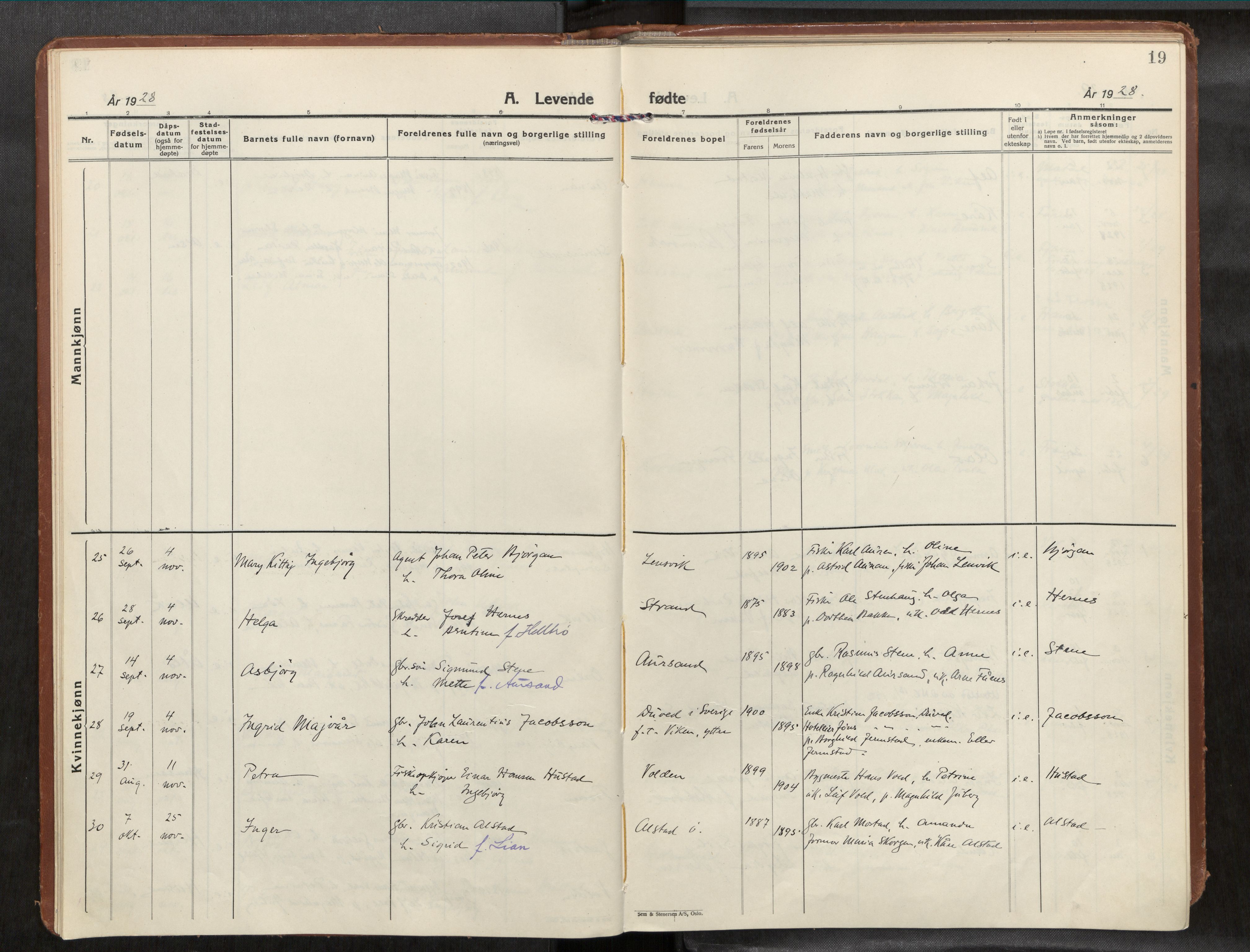 Frosta sokneprestkontor, AV/SAT-A-4380/2/H/Haa/L0001: Parish register (official) no. 1, 1926-1934, p. 19