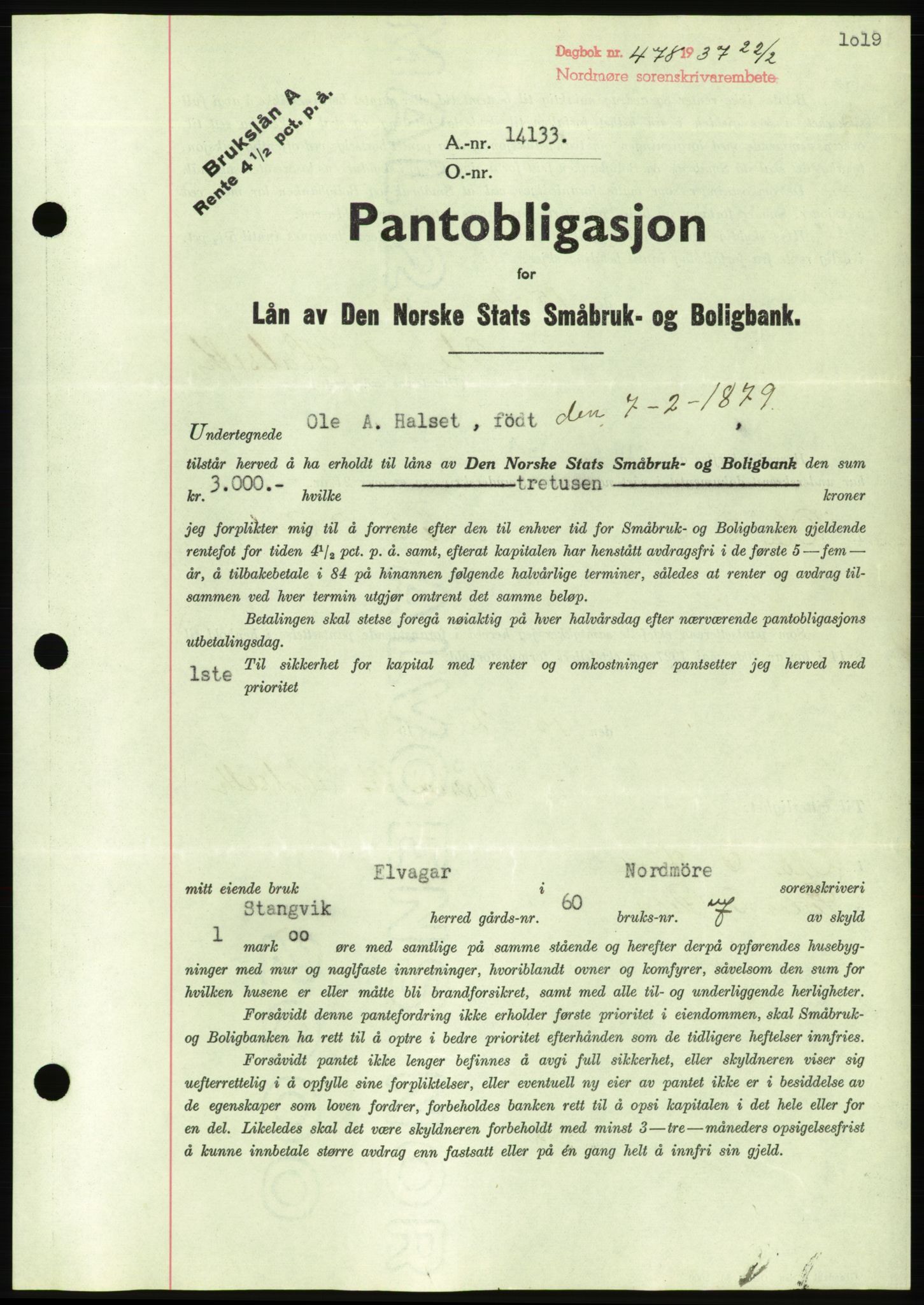 Nordmøre sorenskriveri, AV/SAT-A-4132/1/2/2Ca/L0090: Mortgage book no. B80, 1936-1937, Diary no: : 478/1937