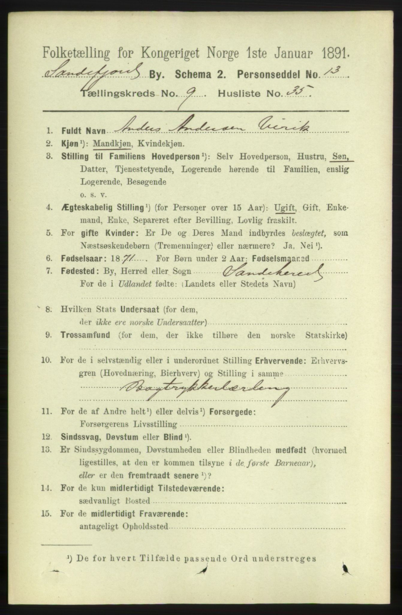 RA, 1891 census for 0706 Sandefjord, 1891, p. 3743