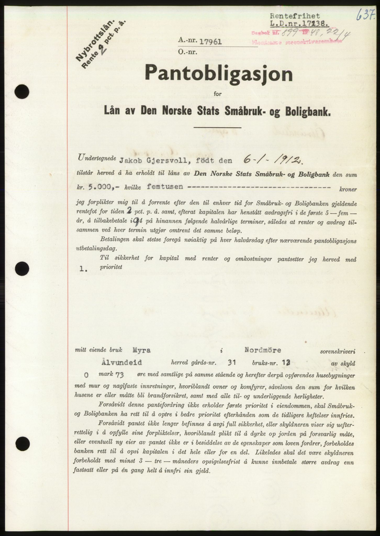 Nordmøre sorenskriveri, AV/SAT-A-4132/1/2/2Ca: Mortgage book no. B98, 1948-1948, Diary no: : 899/1948