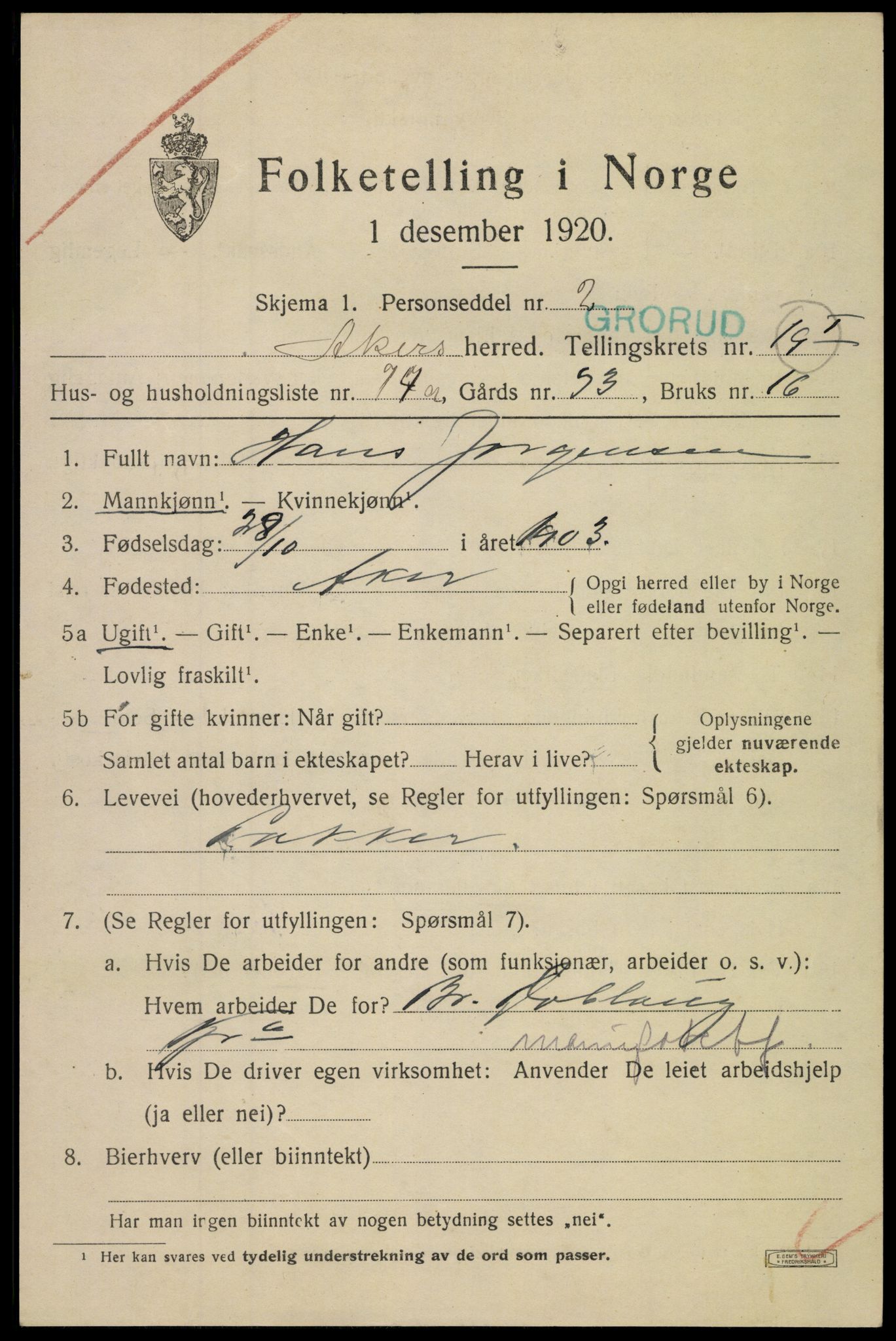 SAO, 1920 census for Aker, 1920, p. 121994