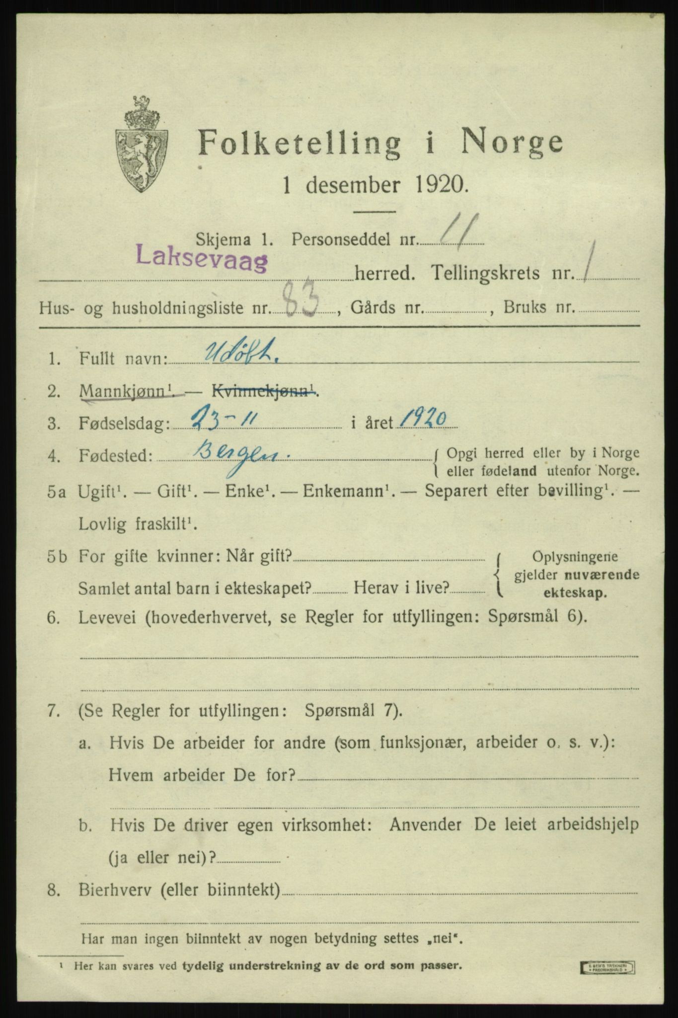 SAB, 1920 census for Laksevåg, 1920, p. 5726