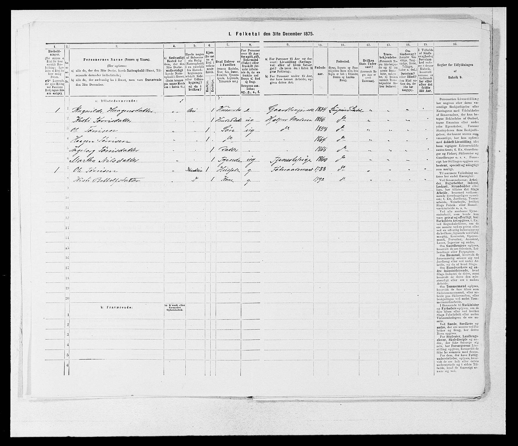 SAB, 1875 census for 1422P Lærdal, 1875, p. 494