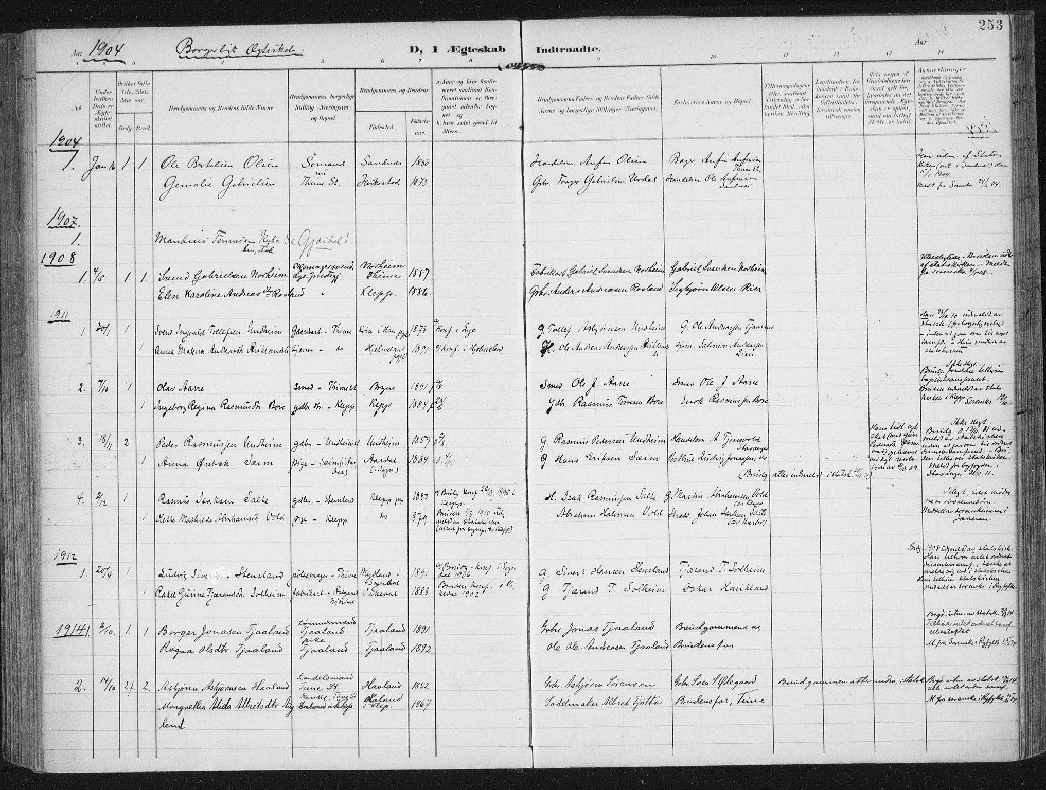 Lye sokneprestkontor, SAST/A-101794/002/A/L0001: Parish register (official) no. A 12, 1904-1920, p. 253