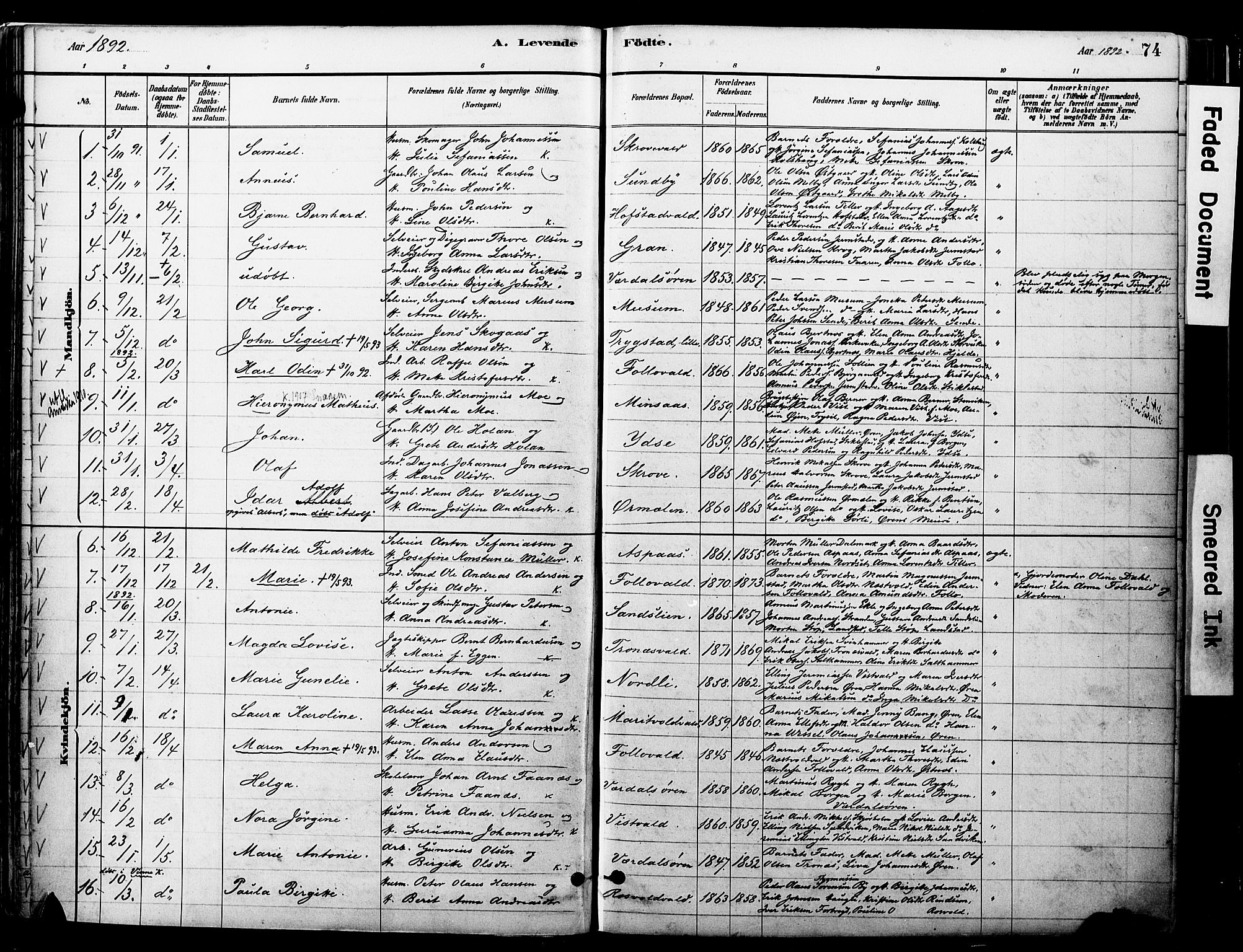 Ministerialprotokoller, klokkerbøker og fødselsregistre - Nord-Trøndelag, SAT/A-1458/723/L0244: Parish register (official) no. 723A13, 1881-1899, p. 74