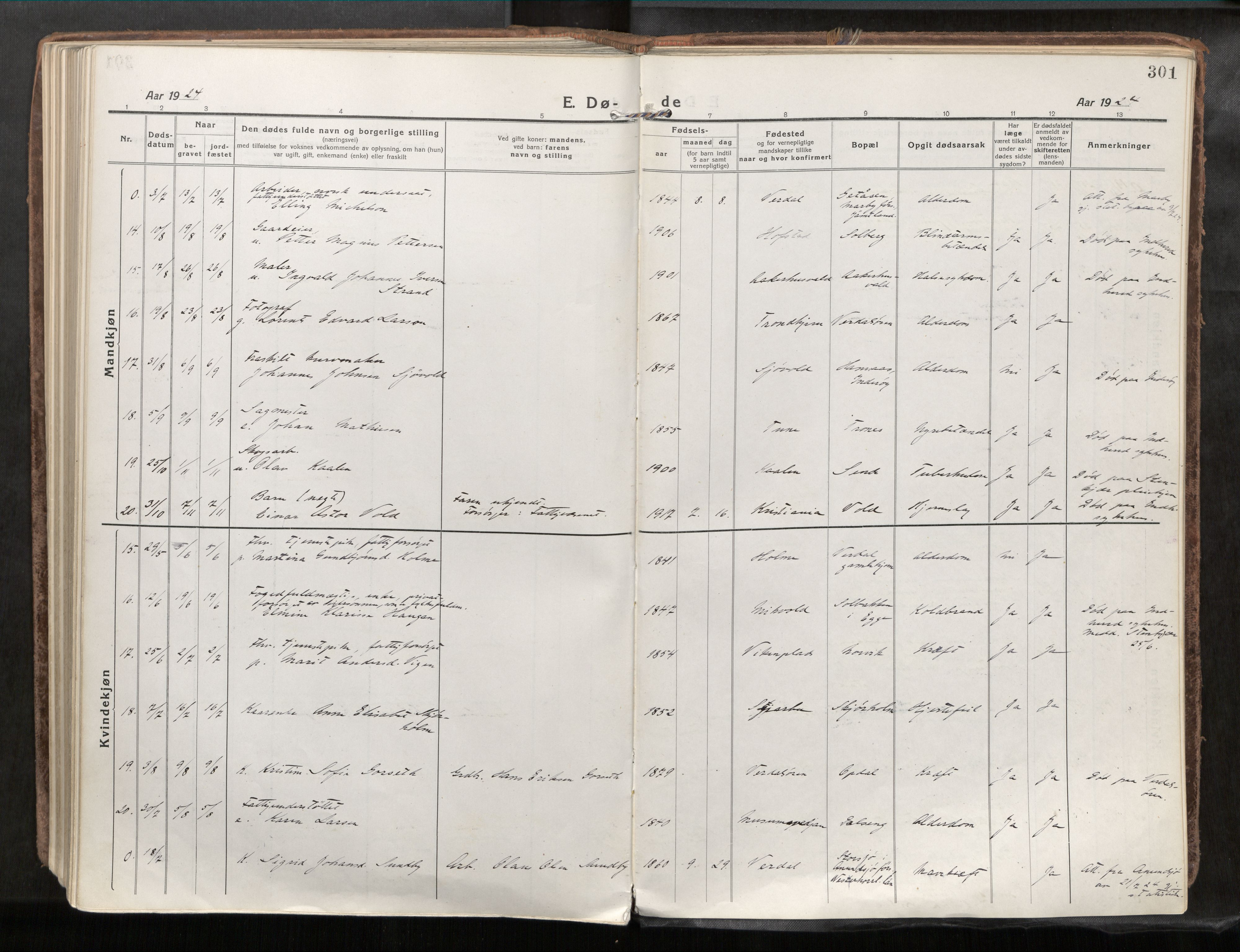 Verdal sokneprestkontor, AV/SAT-A-1156/2/H/Haa/L0001: Parish register (official) no. 1, 1917-1932, p. 301