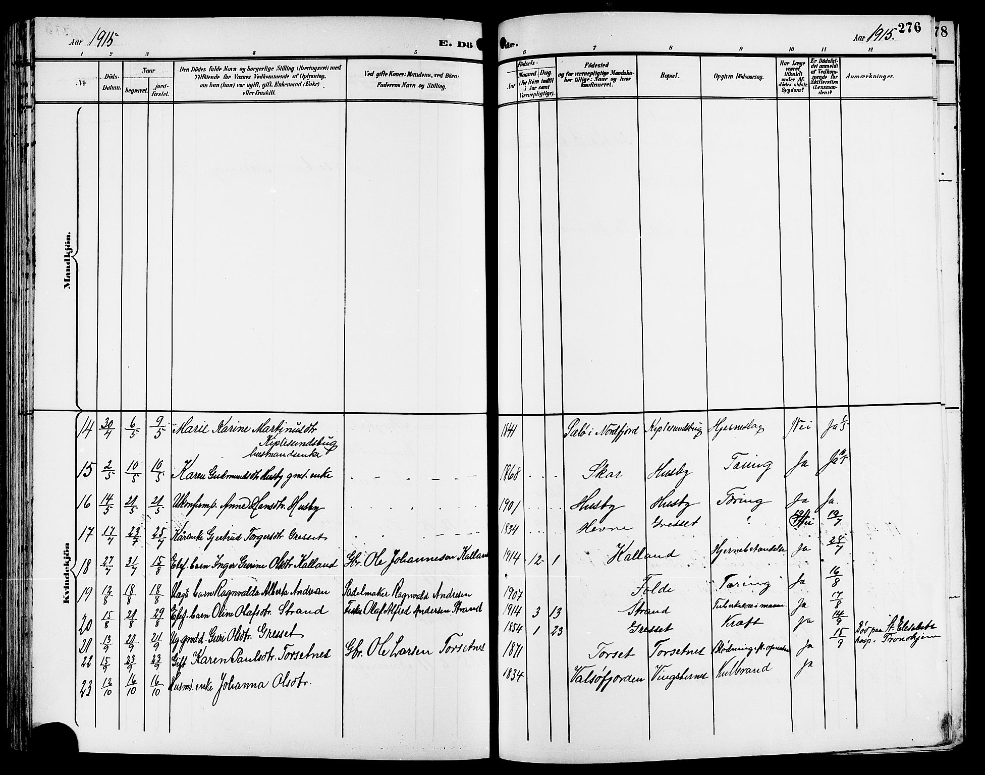 Ministerialprotokoller, klokkerbøker og fødselsregistre - Møre og Romsdal, SAT/A-1454/578/L0910: Parish register (copy) no. 578C03, 1900-1921, p. 276