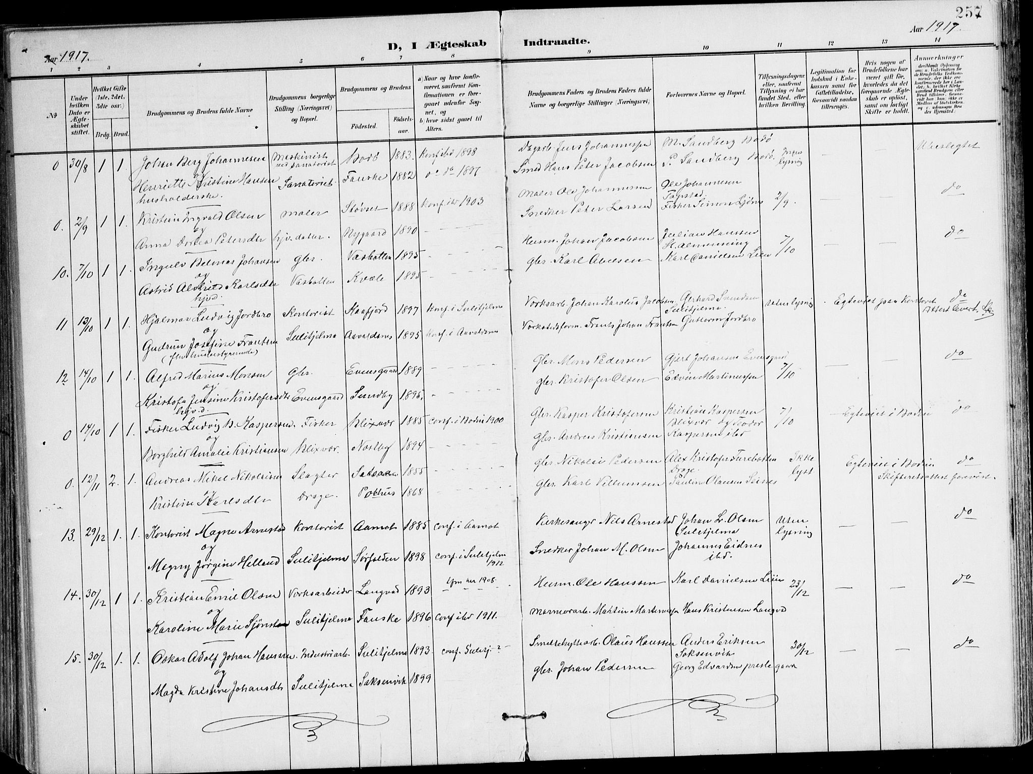 Ministerialprotokoller, klokkerbøker og fødselsregistre - Nordland, AV/SAT-A-1459/847/L0672: Parish register (official) no. 847A12, 1902-1919, p. 257