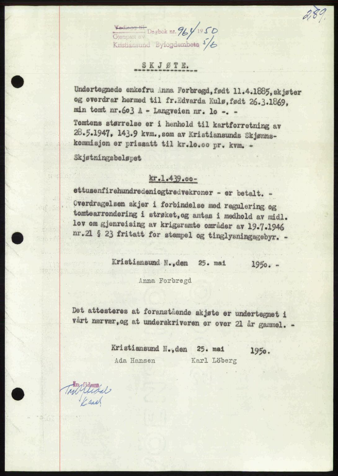 Kristiansund byfogd, AV/SAT-A-4587/A/27: Mortgage book no. 46, 1949-1950, Diary no: : 964/1950