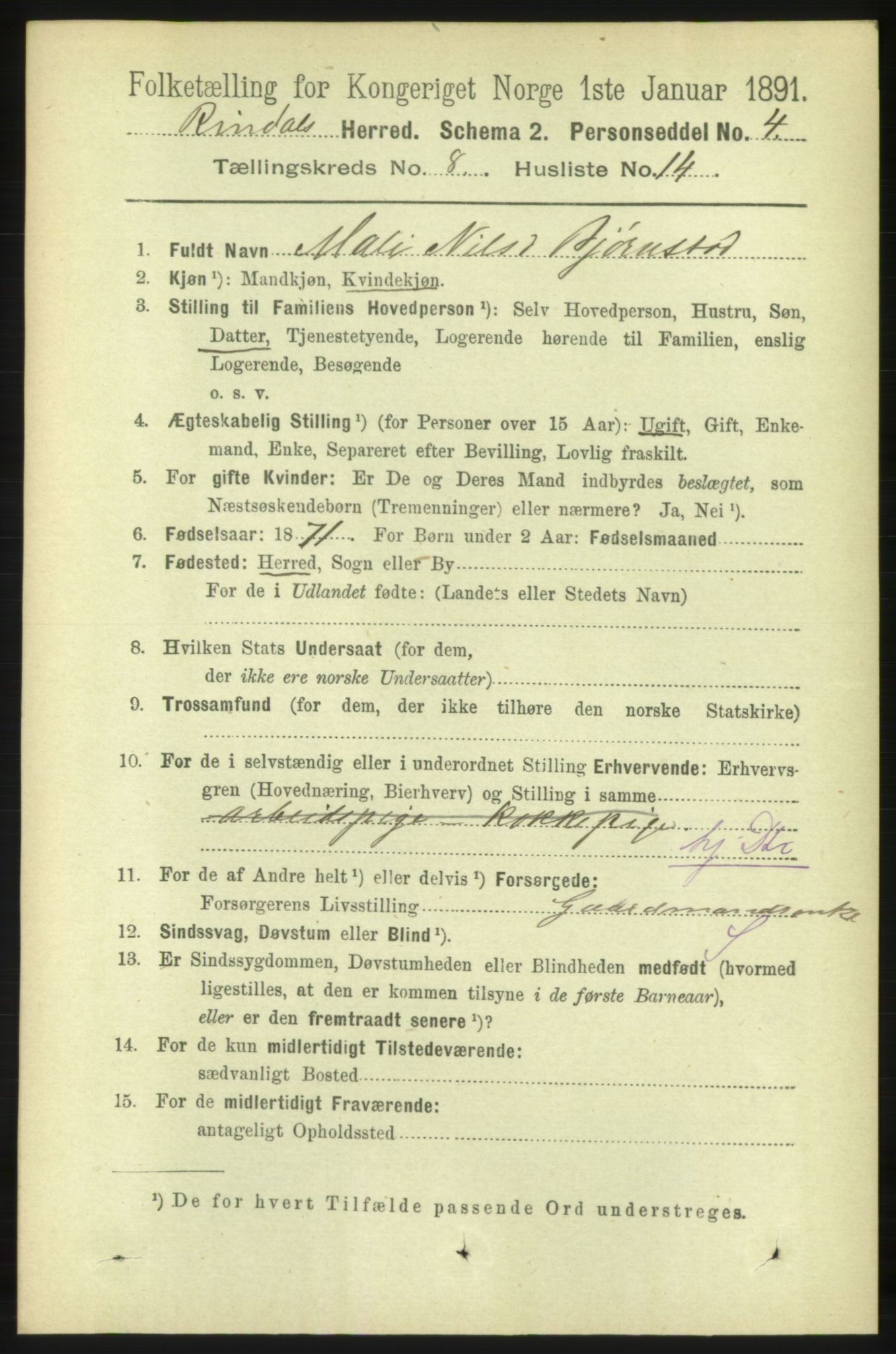 RA, 1891 census for 1567 Rindal, 1891, p. 2573