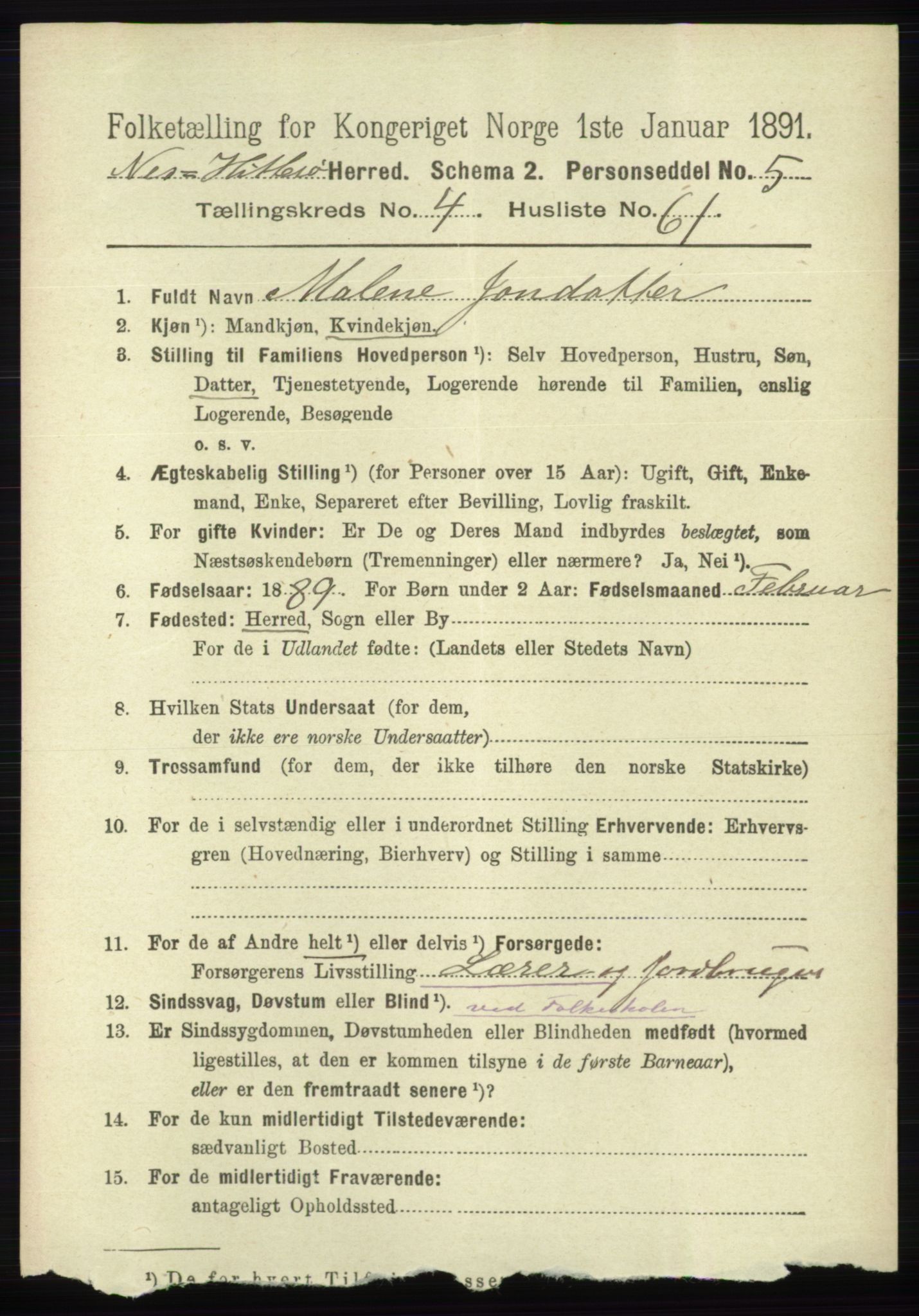 RA, 1891 census for 1043 Hidra og Nes, 1891, p. 1791