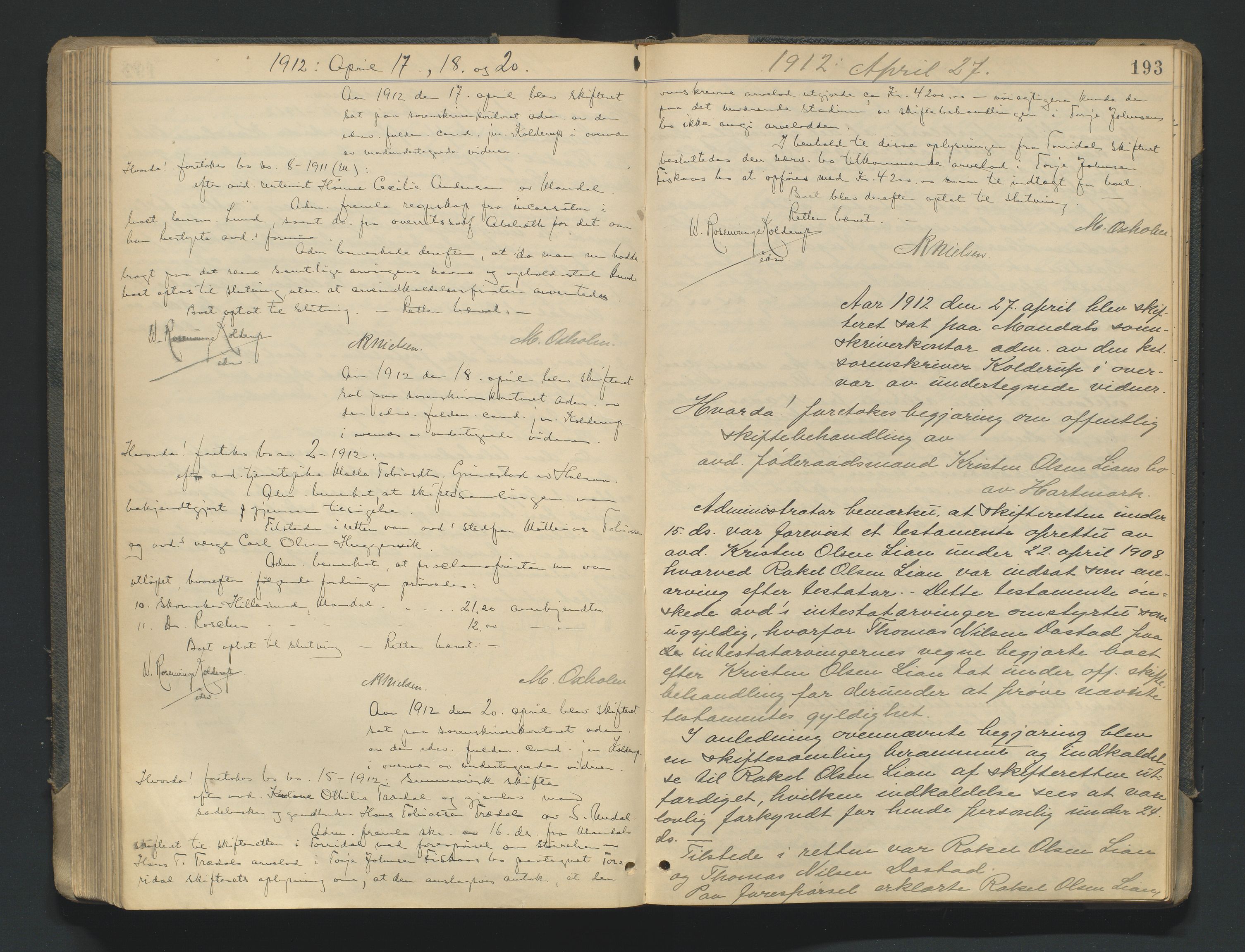 Mandal sorenskriveri, AV/SAK-1221-0005/001/H/Hc/L0081: Skifteforhandlingsprotokoll nr 13, 1909-1913, p. 193